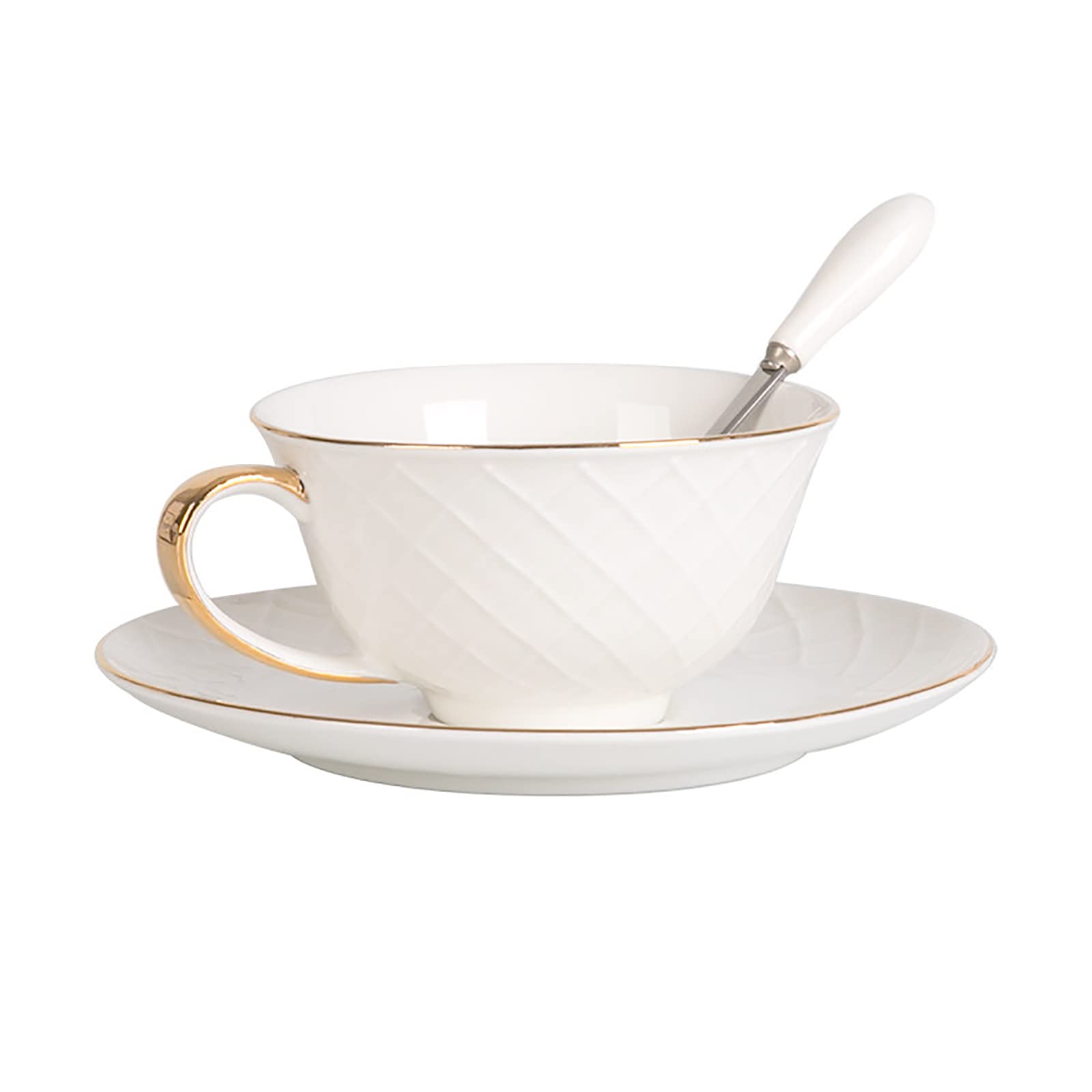 Elegant Porcelain Tea Cups and Saucers Set of 6 (7 Oz) - Gold Trim White Coffee Cups with Gift Box for Cappuccino, Latte & Espresso | Perfect for Afternoon Tea, Bridal Shower Gifts & British Tea Party