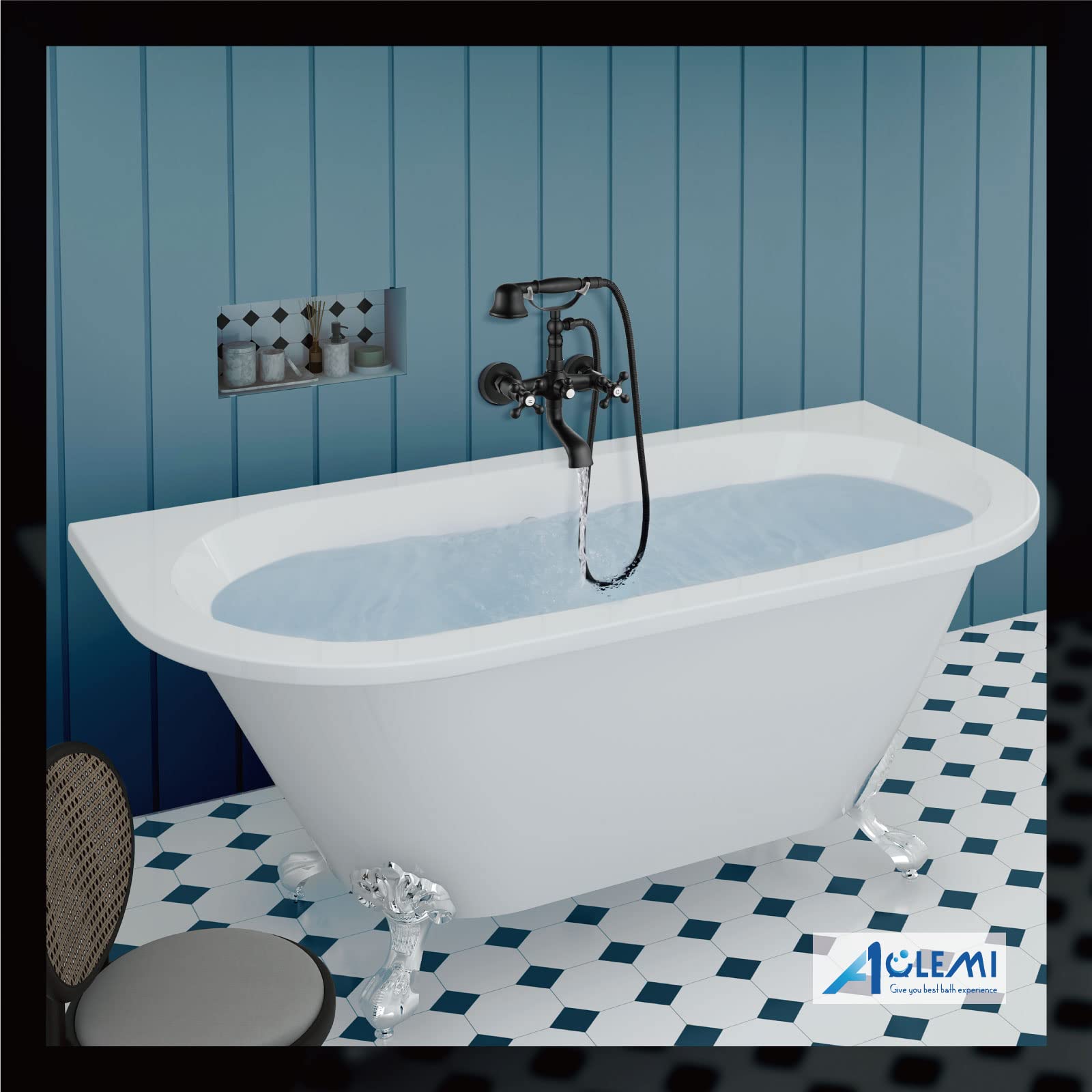 Aolemi Matte Black Wall Mount Bathtub Faucet with Hand Shower Sprayer - Vintage Double Cross Handle Mixer Tap - Perfect for Bathroom Renovation & Spa-Like Shower Experience