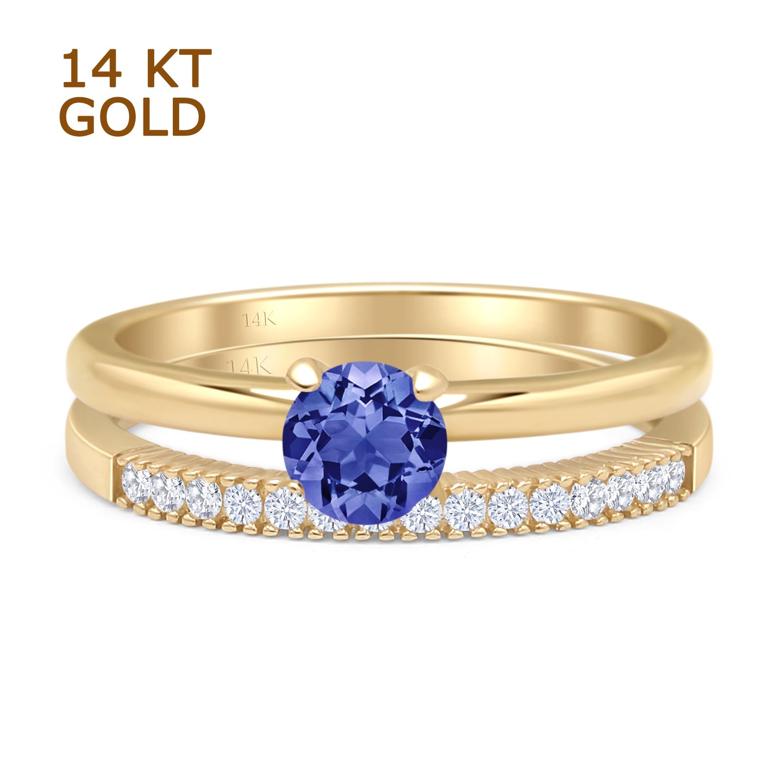 14K Yellow Gold Two Piece Round Solitaire Half Eternity Band Tanzanite CZ Bridal Wedding Ring Set - Perfect for Engagement, Anniversary & Special Occasion Gifts