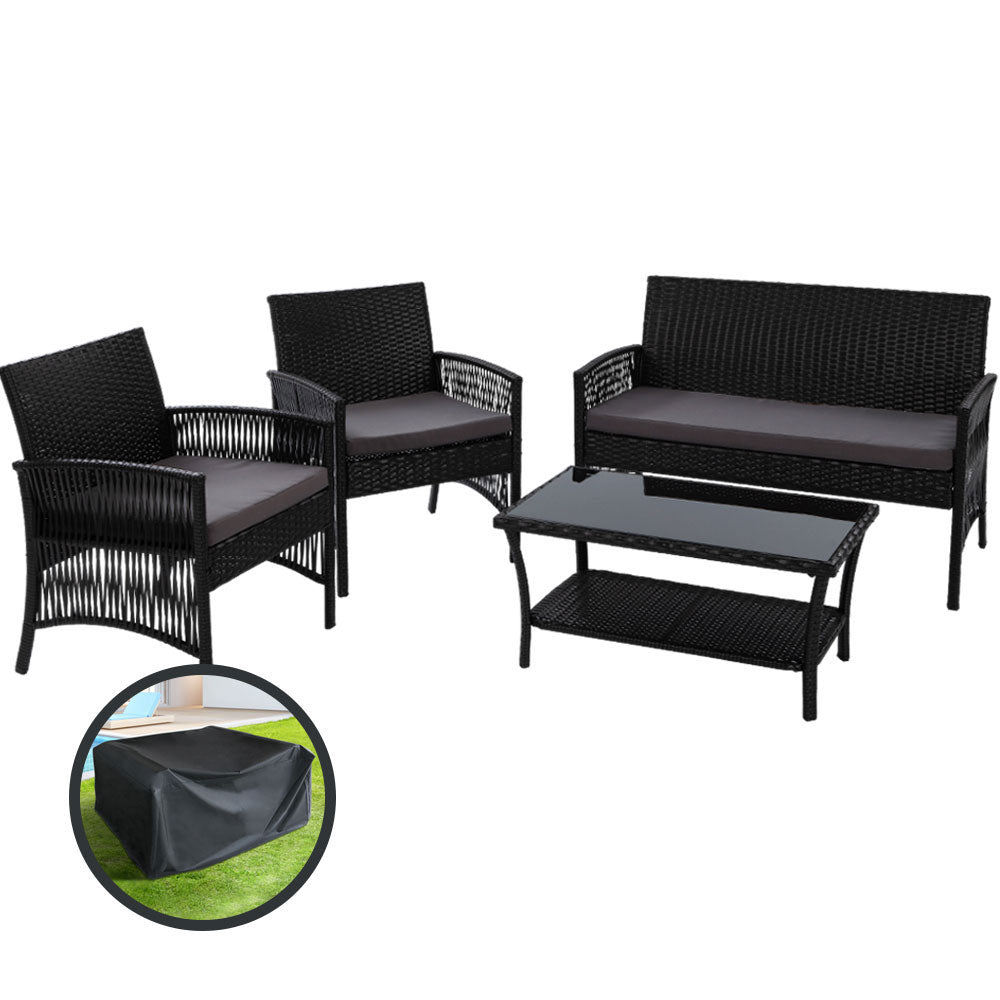 4-Piece Outdoor Sofa Set with Storage Cover - Wicker Harp Chairs & Table in Black - Perfect for Patio, Garden, or Poolside Relaxation