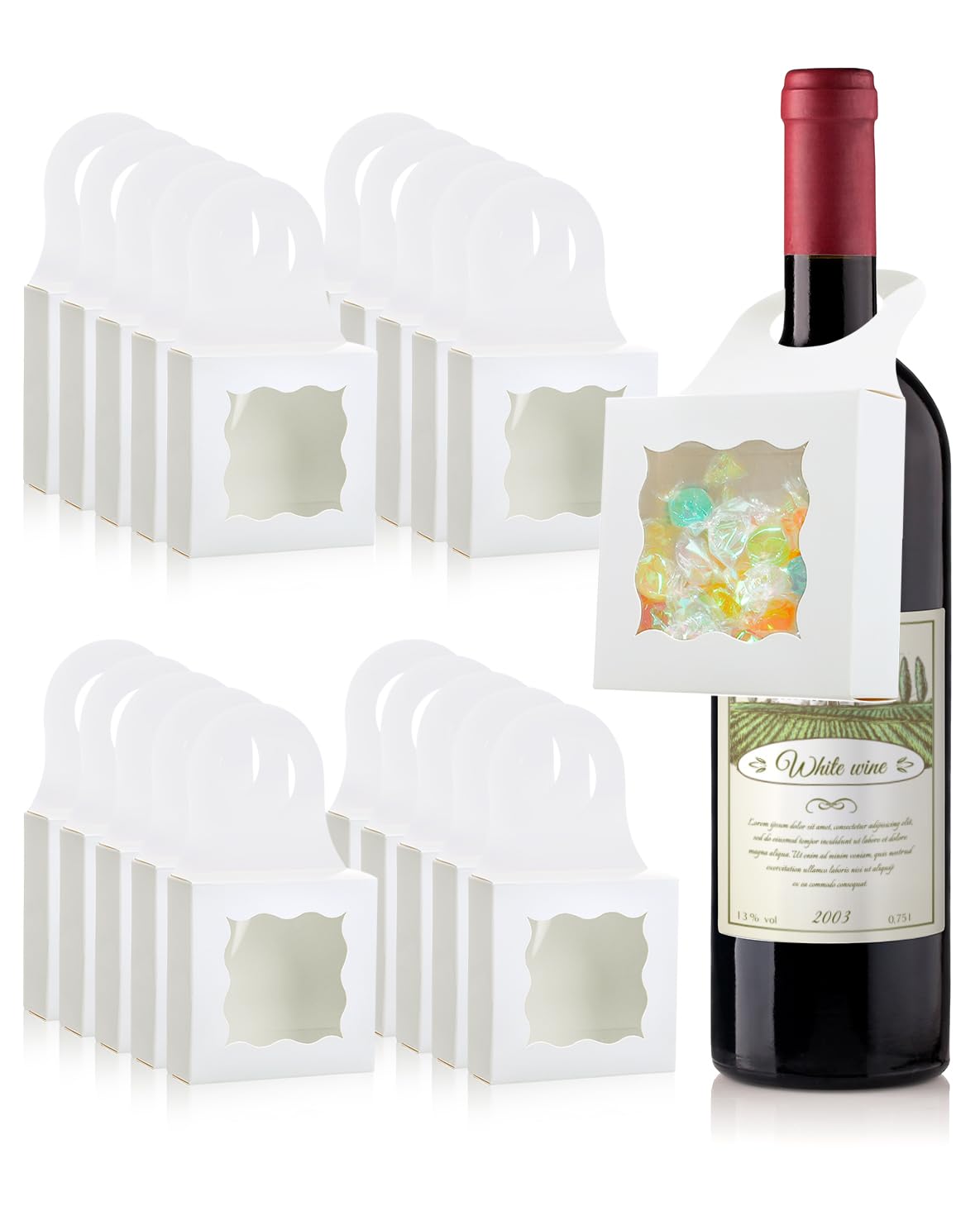 20Pcs Easter Wine Bottle Gift Boxes with Window - Kraft Paper Hanging Treat Boxes for Mini Charcuterie, Champagne & Wine Bottles - White Wave Design - Perfect for Easter Gifts, Party Favors & Holiday Treats