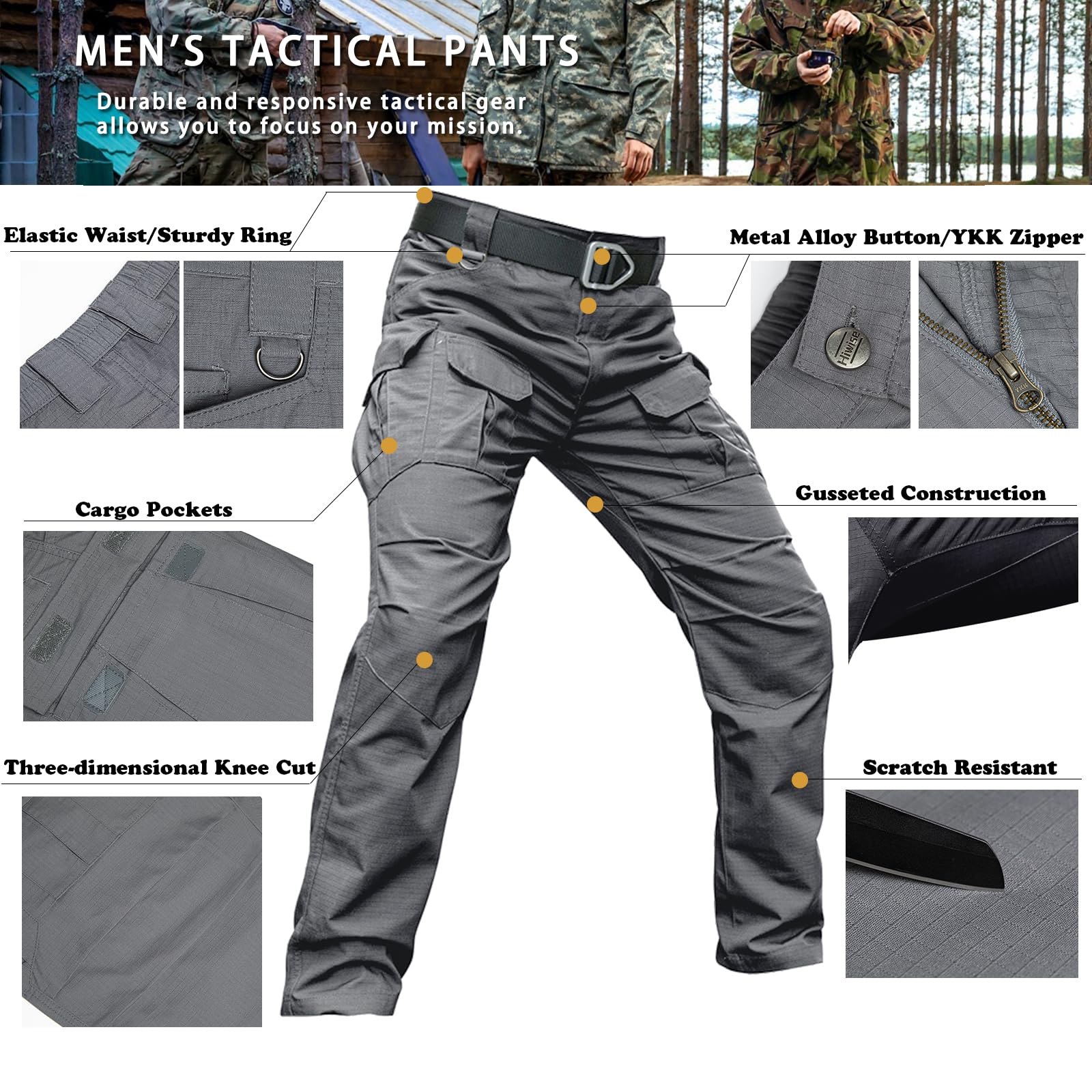 Men's Stretch Tactical Pants - Water Resistant Ripstop Cargo Pants for Outdoor, Work & Hiking | Lightweight Durable EDC Pants for Camping, Travel & Tactical Activities