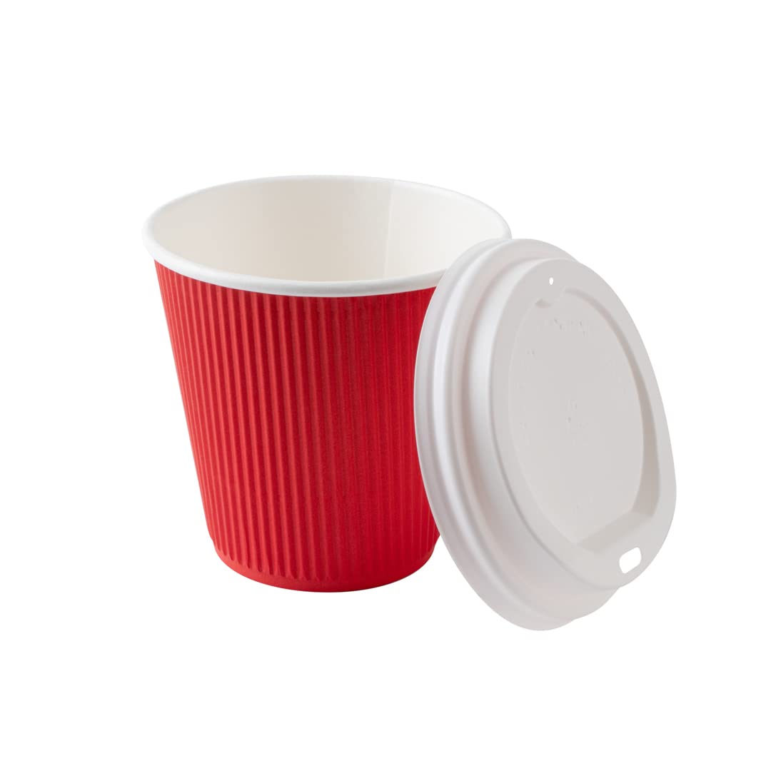 Restaurantware 8oz Insulated Coffee Cups with Lids - 400 Pack Leakproof Ripple Wall Hot Cups | Disposable Red Paper Coffee Cups for Tea, Hot Cocoa & Lattes | Perfect for Cafes, Offices & Catering Events