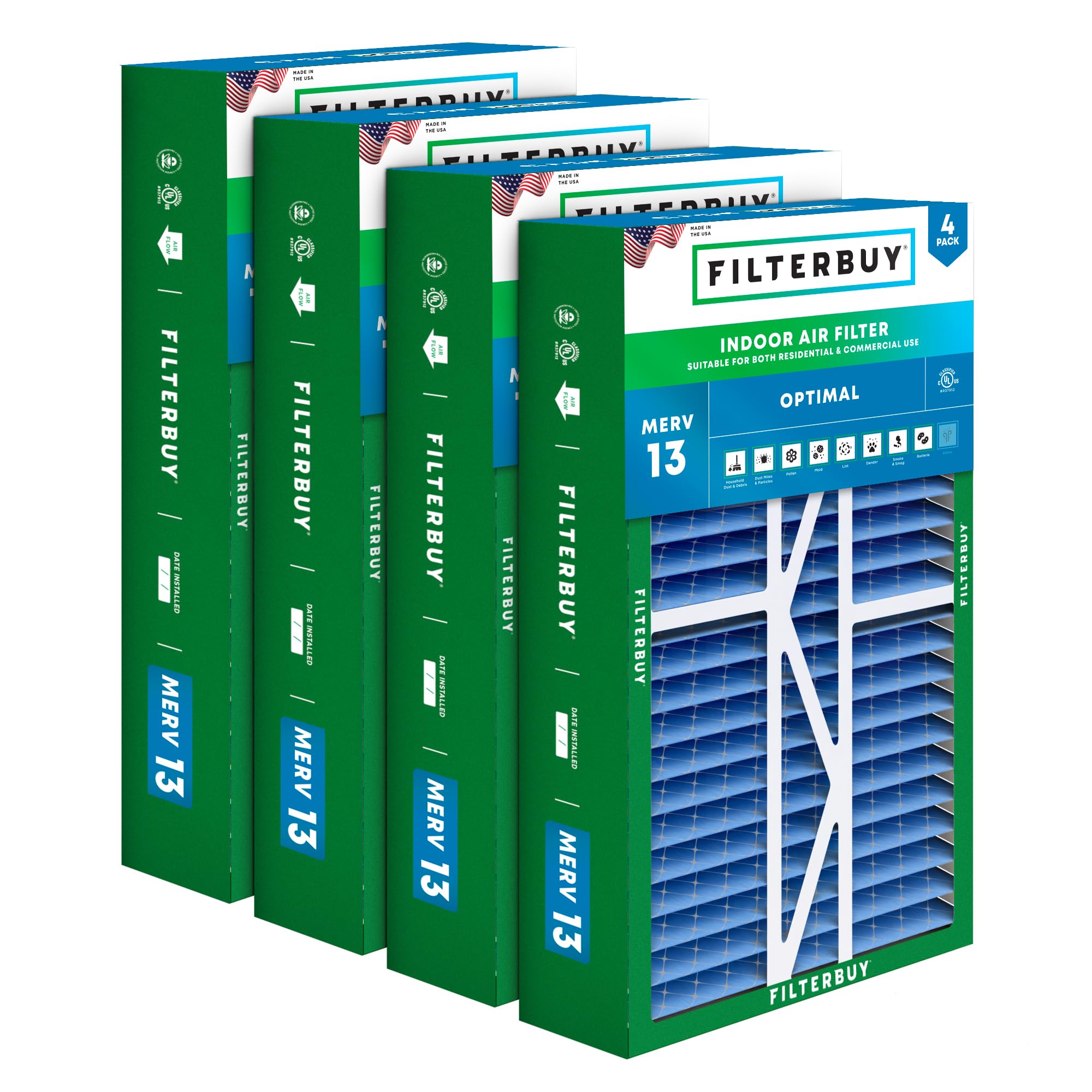 16x25x5 MERV 13 Air Filter 4-Pack - Premium HVAC Furnace AC Filters for Amana, Coleman, Goodman, Maytag, York - Actual Size 15.38x25.50x5.25 Inches - Ideal for Home, Office & Commercial Use to Improve Indoor Air Quality & Reduce Allergens