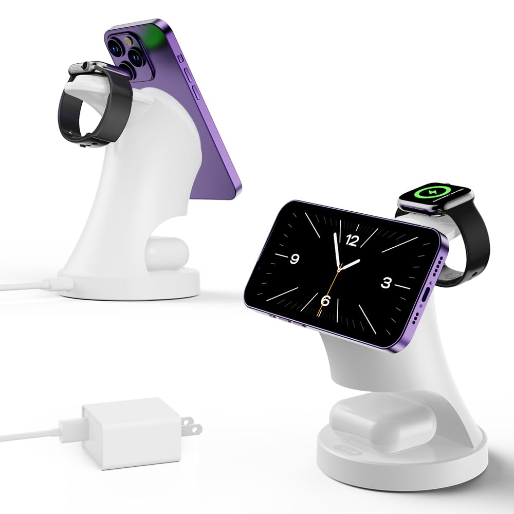 3-in-1 Magnetic Wireless Charging Station for iPhone 16/15/14/13/12 Pro/Plus/Max, Apple Watch 9/8/7/6/5/4/3/2/SE & AirPods 3/2/Pro - Fast 15W Magsafe Charger with LED Display | Perfect for Bedside, Office & Travel Charging