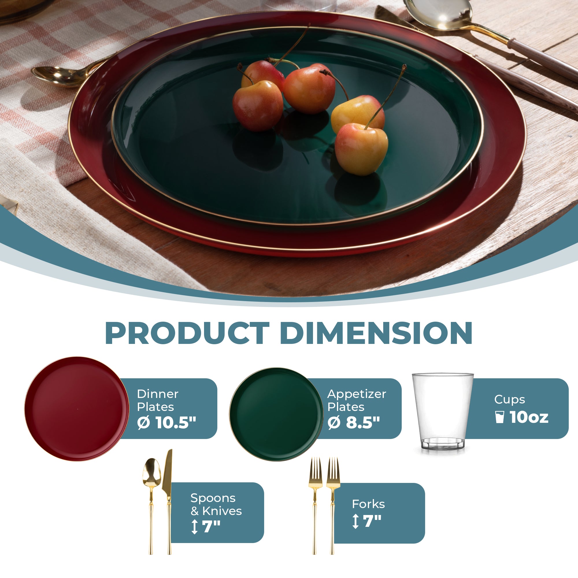 Premium Green & Cranberry Plastic Christmas Party Plates with Gold Rim - Elegant Holiday Dinnerware for Festive Gatherings, Decorations & Celebrations