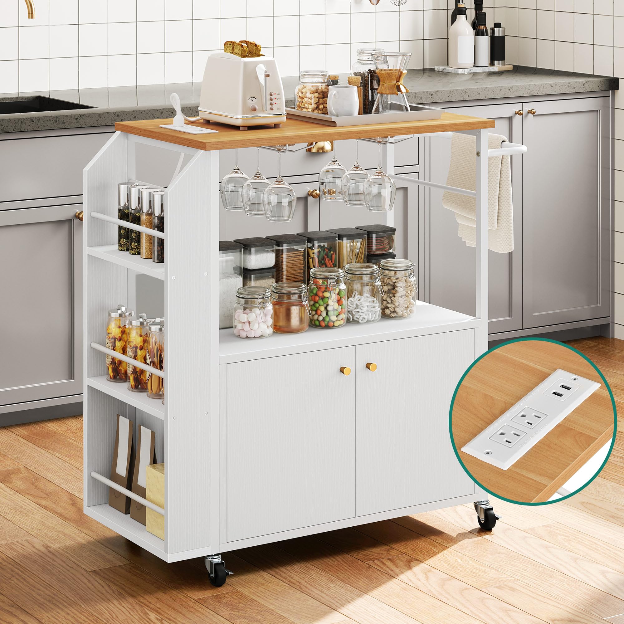 YITAHOME 33-Inch White Mobile Kitchen Island Cart with Power Outlet & Storage - Rolling Serving Utility Cart with Wheels & Open Shelves - Perfect for Small Kitchens, Dining Rooms & Entertaining