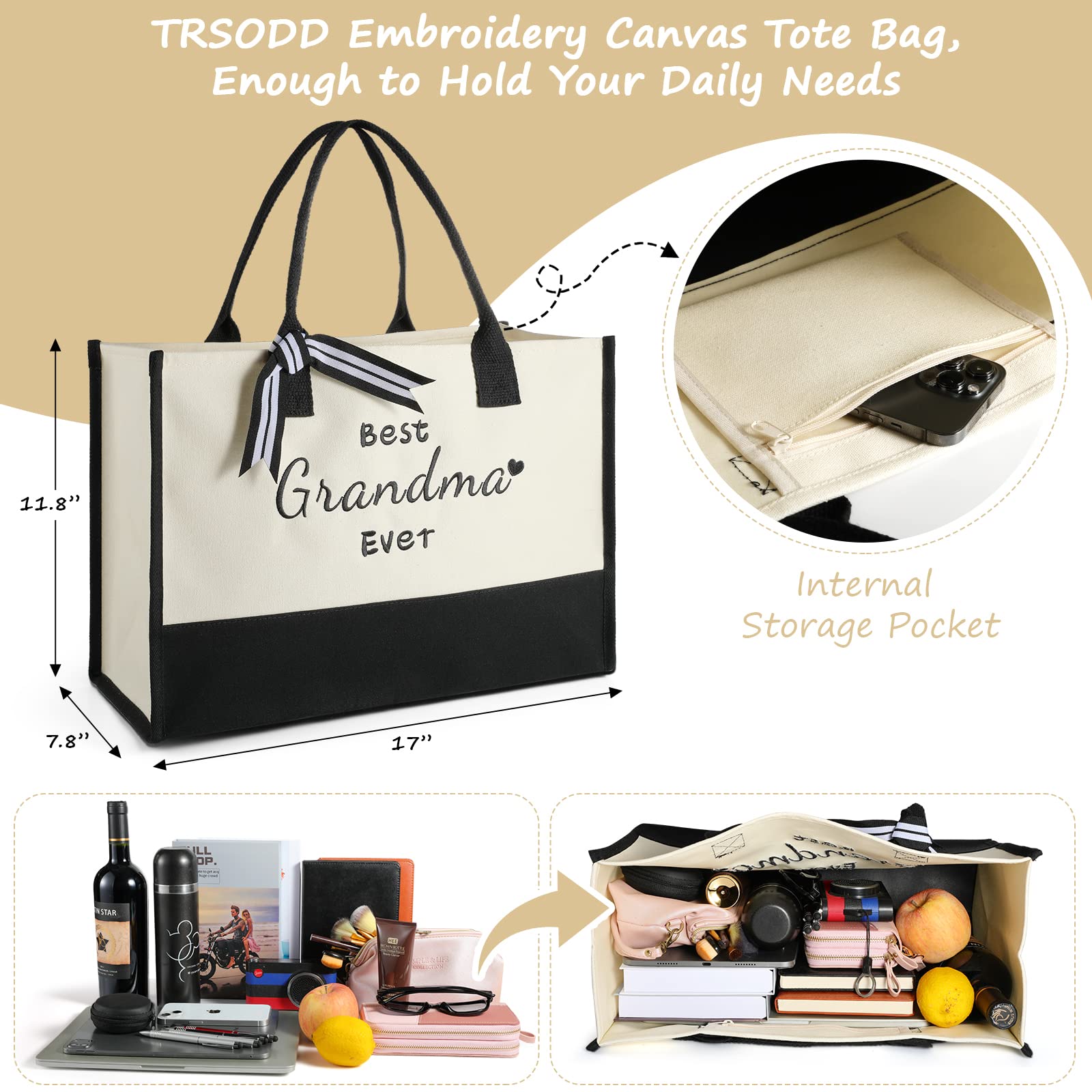 TRSODD Embroidered Canvas Tote Bag & Makeup Bag Set - Perfect Mother's Day Gift for Grandma, Birthday Present for Women - Ideal for Shopping, Travel & Daily Use