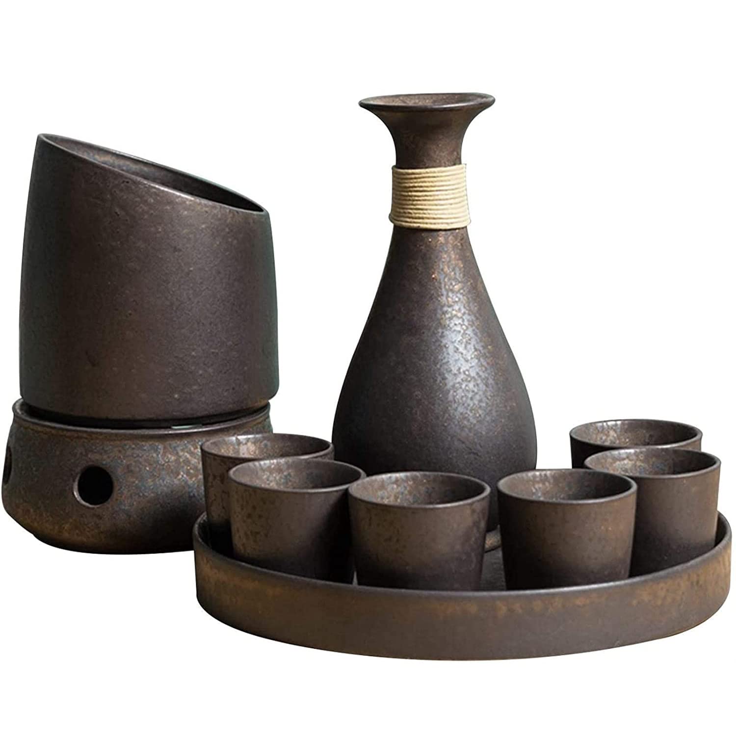 Premium 10-Piece Japanese Sake Set - Traditional Ceramic Porcelain Sake Cups with Warmer, Includes 1 Sake Pot, 6 Cups, Thermal Pot, Heating Stove & Tray - Perfect for Japanese Restaurants, Home Entertaining & Gift Giving