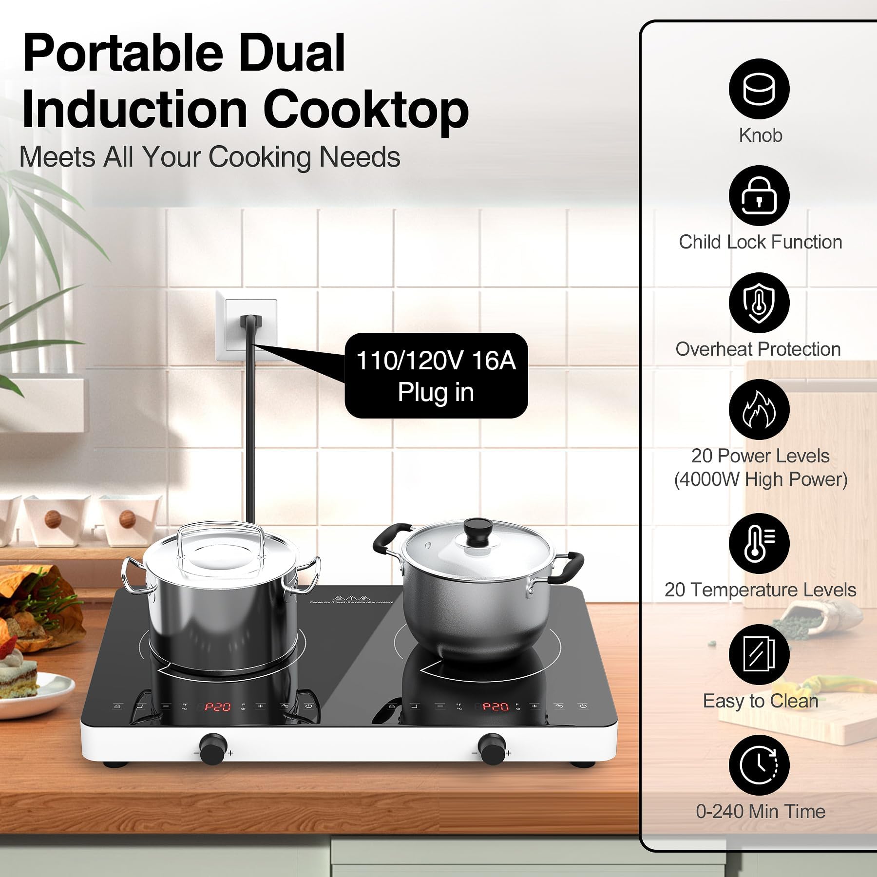 VBGK 4000W Double Induction Cooktop - 120V Portable Electric Stove with 20 Power Levels, Child Safety Lock & 4-Hour Timer - Knob & Touch Control for Home Kitchen, Camping & RV Cooking