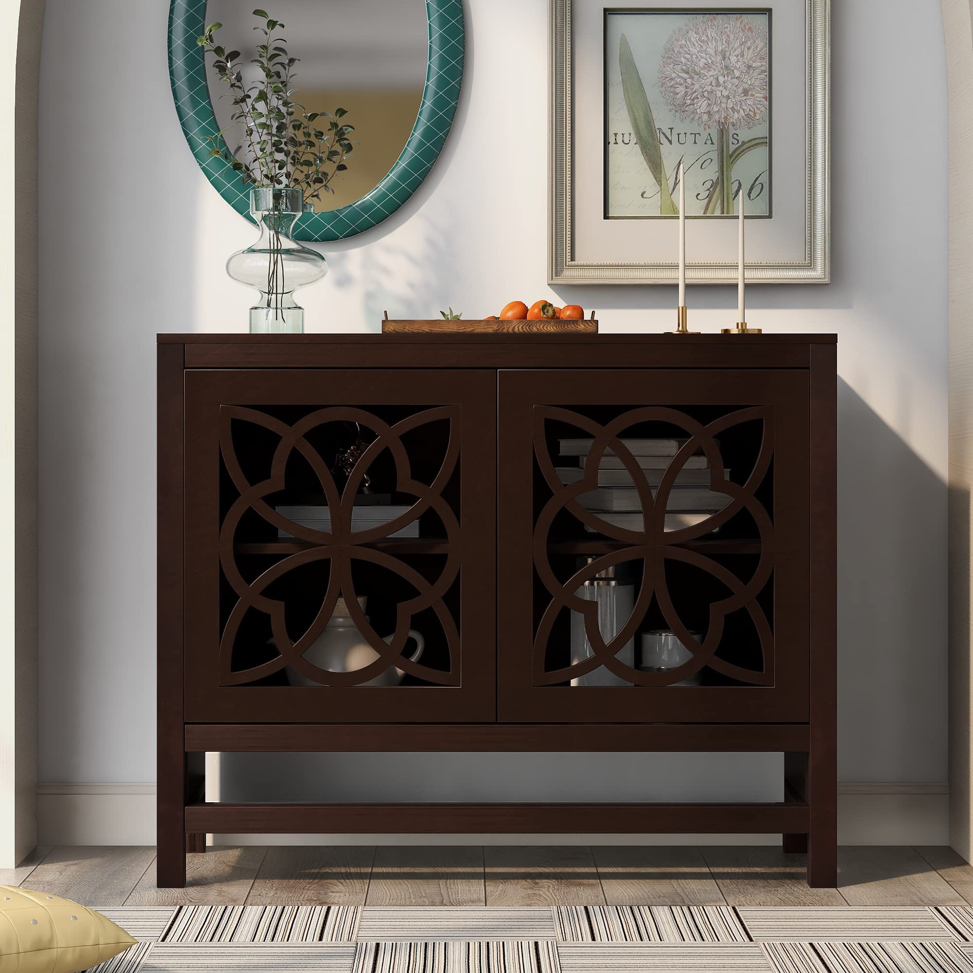 Floral Accent Cabinet with Doors - Kitchen Buffet Server Sideboard Storage Cabinet with Adjustable Shelves, Brown - Perfect for Dining Room, Living Room & Home Decor