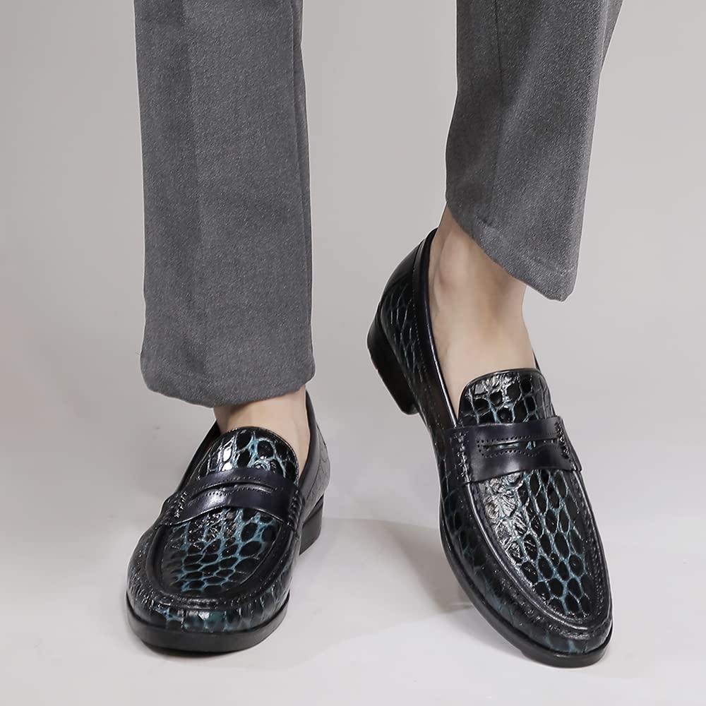Premium Men's Leather Penny Loafers - Classic Crocodile Print Dress Shoes | Slip-On Comfort for Business, Office & Formal Occasions