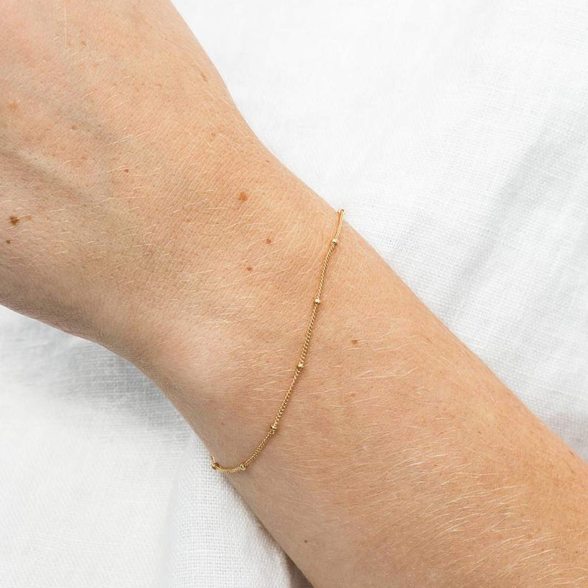 14K Gold Plated & Sterling Silver Dainty Women's Bracelet - Minimalist Beaded Chain Layered Coin Charm Satellite Link Jewelry for Everyday Wear & Gift Giving
