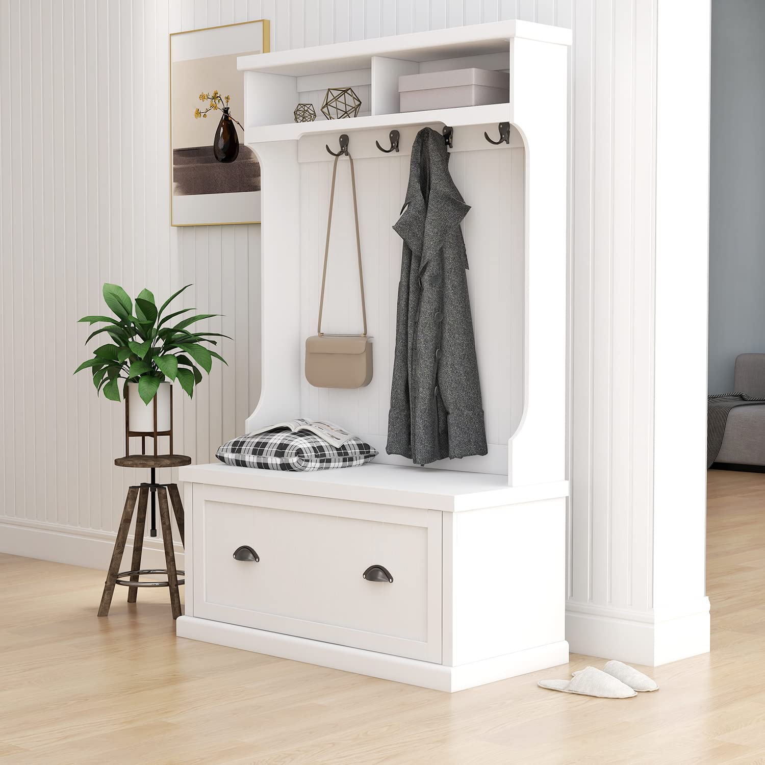 White Hall Tree Bench with 4 Double Hooks & Storage - Entryway Shoe Bench, Coat Rack Organizer for Living Room, Foyer & Mudroom - Perfect for Storing Shoes, Hats & Winter Gear