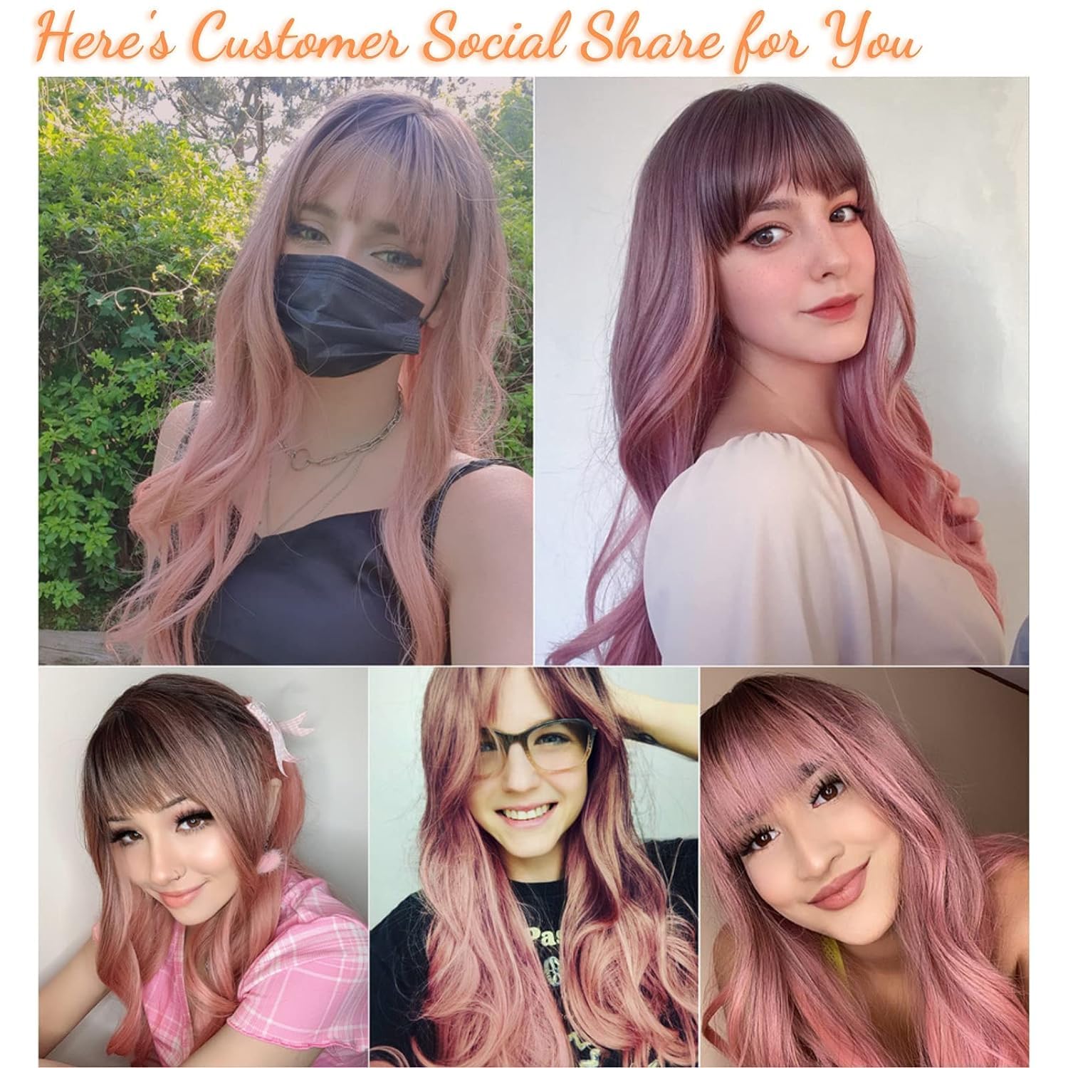 Honygebia Pink Wigs with Bangs - Long Ombre Synthetic Wigs for Women, Heat Resistant Light Wavy Pink Hair with Dark Roots - Natural Looking Cosplay Wig for Halloween, Christmas, Parties & Costume Events | Great for Cosplay, Themed Parties, Costume Contests & Photo Shoots