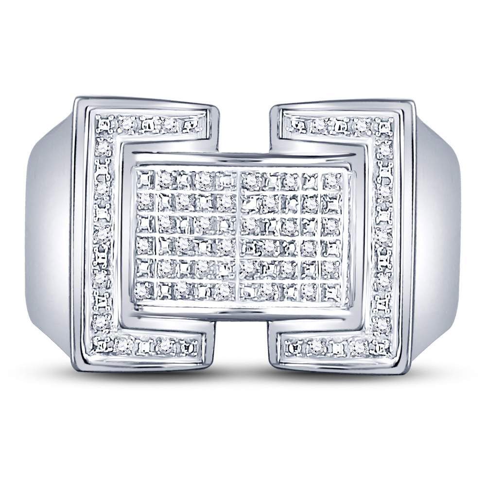 Sterling Silver Men's Round Diamond Domed Rectangle Cluster Ring - 1/8 CTTW - Elegant Wedding Band, Anniversary Gift & Everyday Jewelry for Men