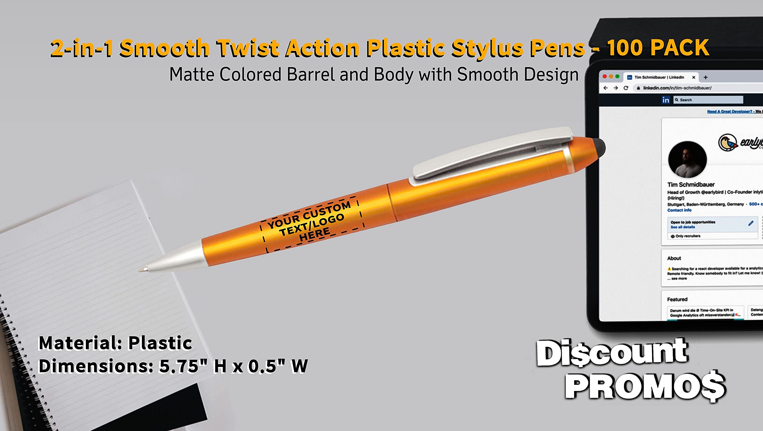 100 Pack Gillette Twist Action Plastic Stylus Pens - Custom Text & Logo Printing - Black Ink Orange Barrel - Bulk Office Supplies for Business Promotions, Trade Shows & Corporate Gifts