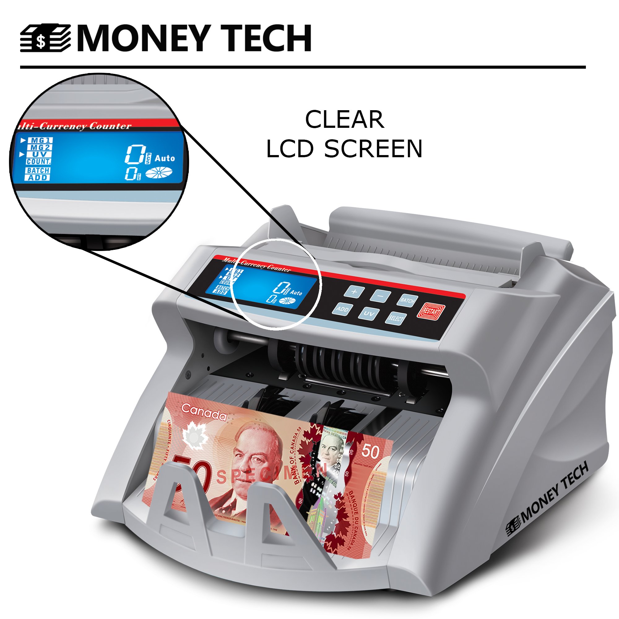 Money Tech Polymer & Paper Multi-Currency Bill Counter - Compact Cash Counting Machine for USD & CAD with Counterfeit Detection & LCD Display | Perfect for Banks, Retail Stores & Small Businesses