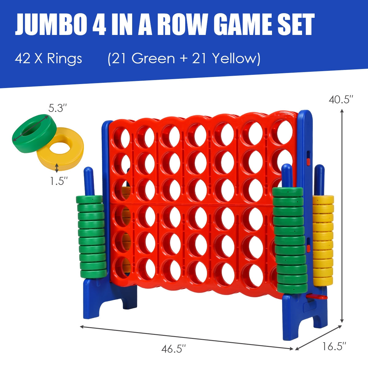 Jumbo 4 to Score Giant Board Game Set - 42 Oversized Rings with Quick Release Slider - Fun Family Game Night & Outdoor Party Activity (Blue)