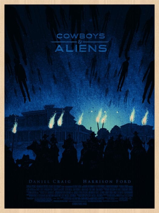Cowboys and Aliens Movie Poster - Daniel Danger Wood Variant Art Print for Home Theater & Sci-Fi Decor