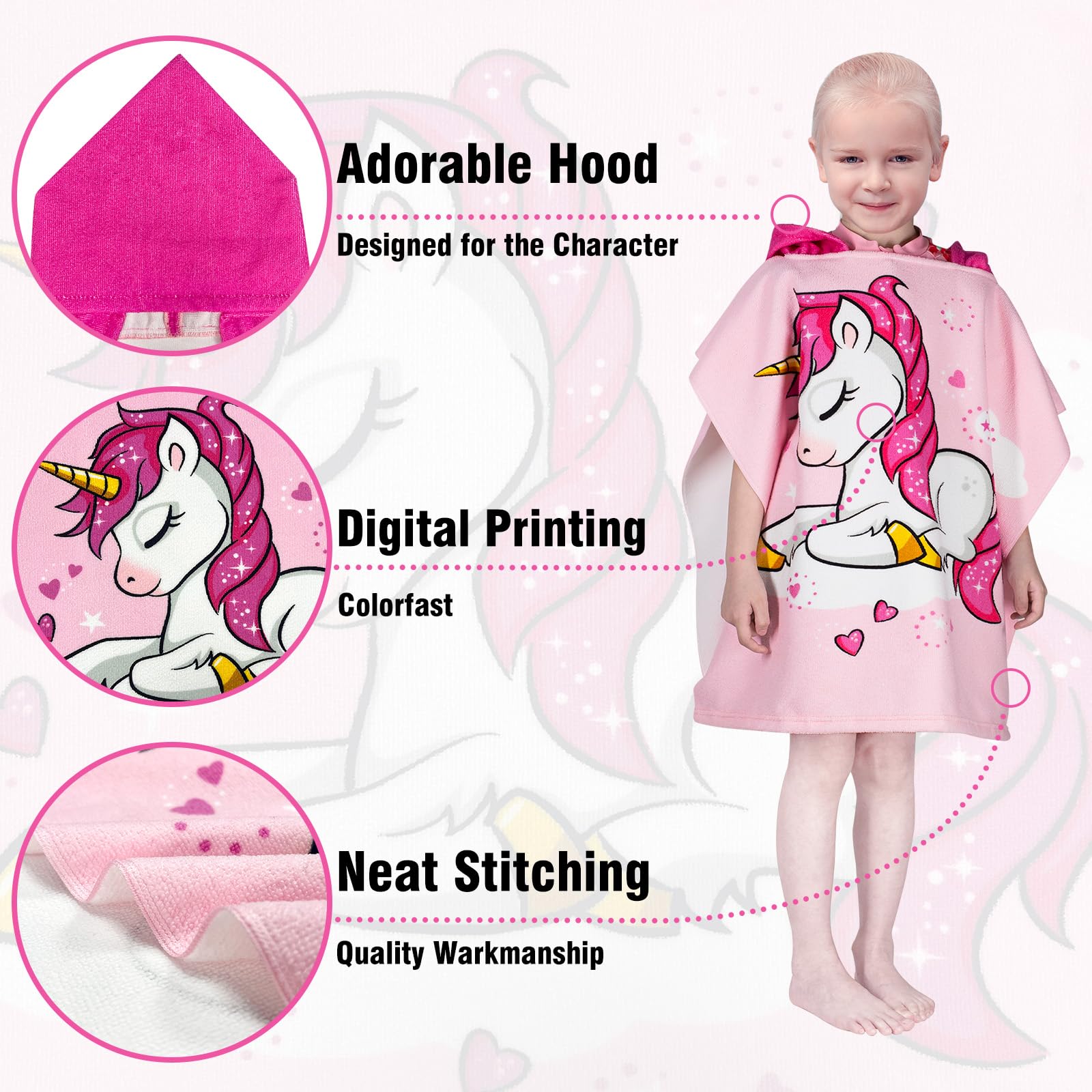 **Unicorn Hooded Kids Beach Towel - Quick Dry Lightweight Microfiber Swim Cover-Up for Toddlers Ages 1-6 | Soft Bath & Pool Towel for Boys & Girls (24x23 Inches, Pink) - Perfect for Beach, Pool & After-Swim Warmth**