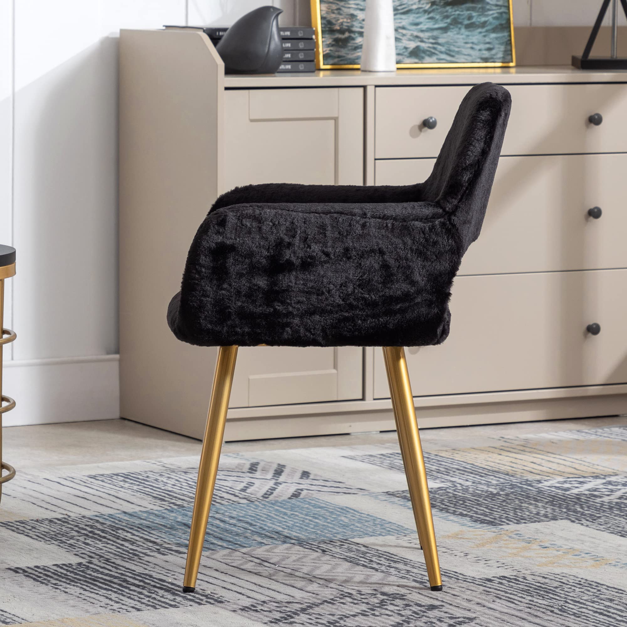 KCC Furry Desk Chair - Mid-Century Modern Faux Fur Accent Chair for Teen Girls & Women, Comfortable Armchair with Wood-Look Metal Legs for Living Room, Dining Room, Home Office, Vanity Makeup Desk - No Wheels, Black - Perfect for Cozy Reading Nooks & Stylish Workspaces