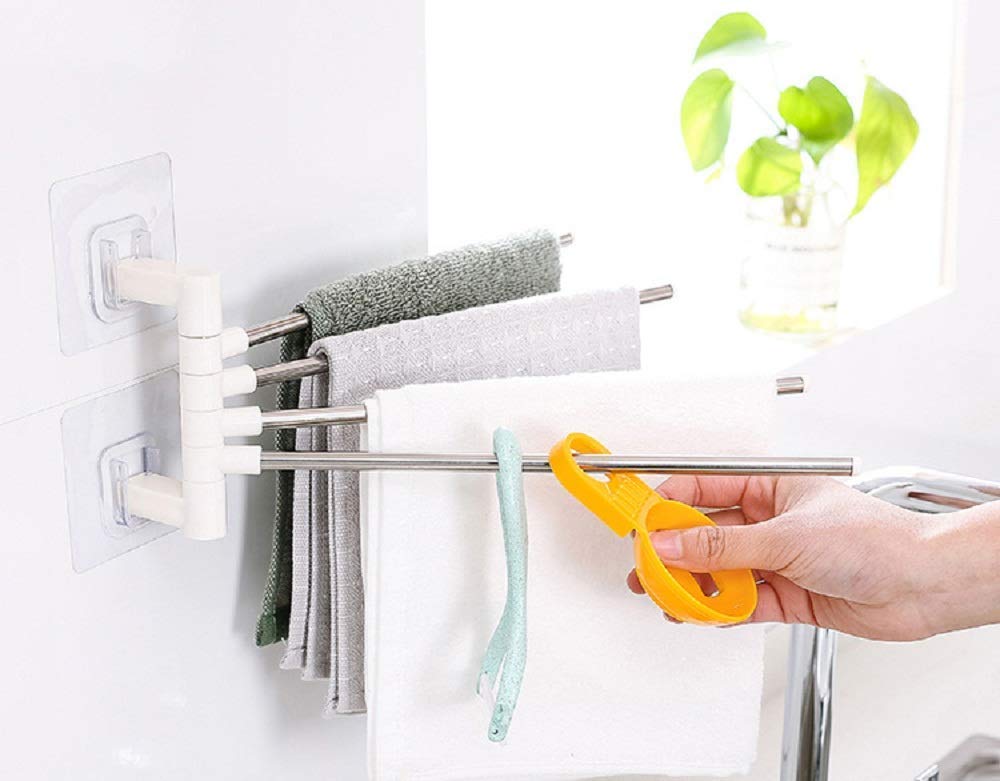 ARRAY Platinum 4-Bar Stainless Steel Folding Towel Rack - Chrome Finish Space-Saving Organizer for Bathroom & Kitchen - Portable Stand with Hangers for Towels, Robes & Clothes (Ideal for Small Spaces & Dorm Rooms)
