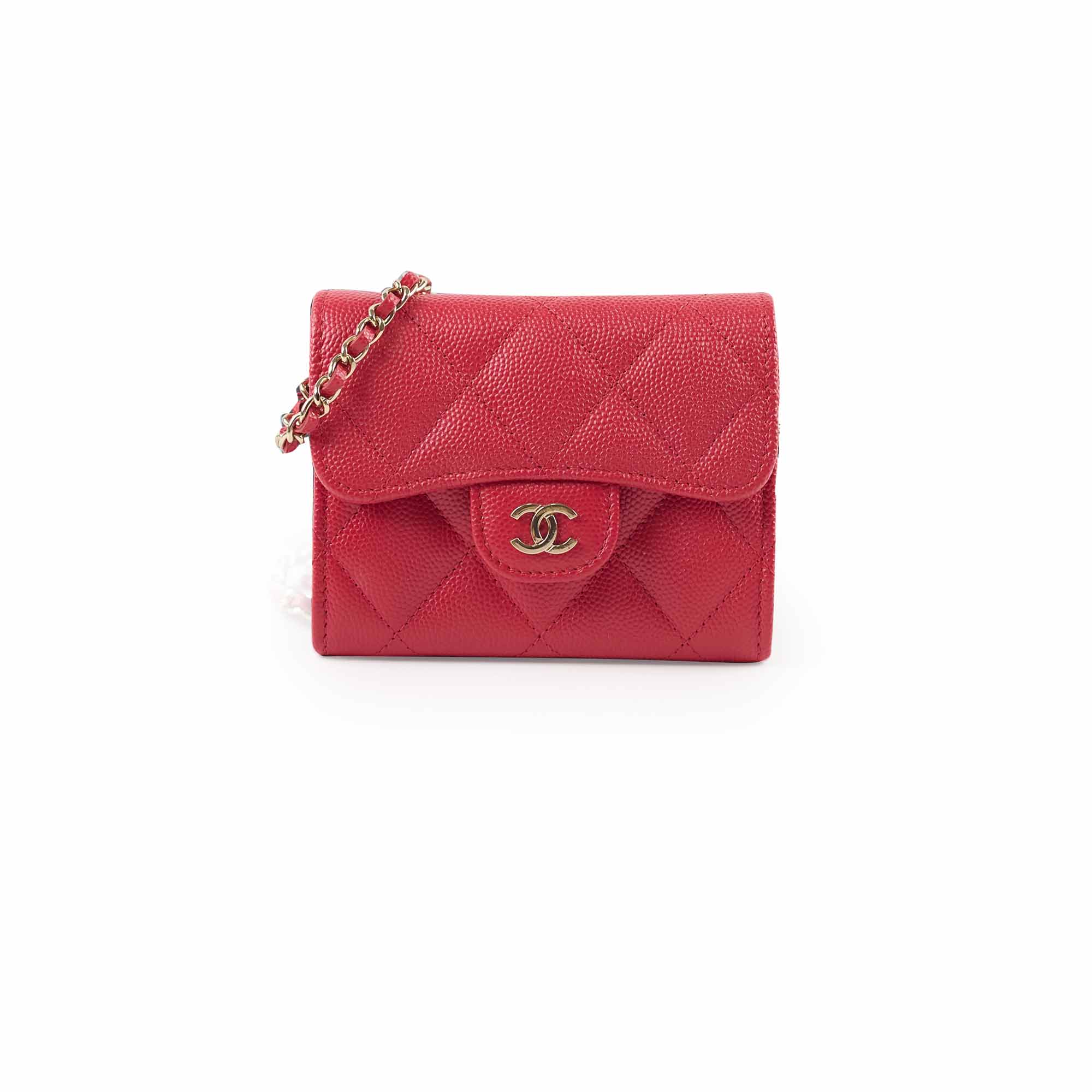 Chanel Caviar Leather Quilted Flap Card Holder with Chain - Red Series 31 | Luxury Wristlet Wallet for Women | Perfect for Parties, Date Nights & Everyday Use