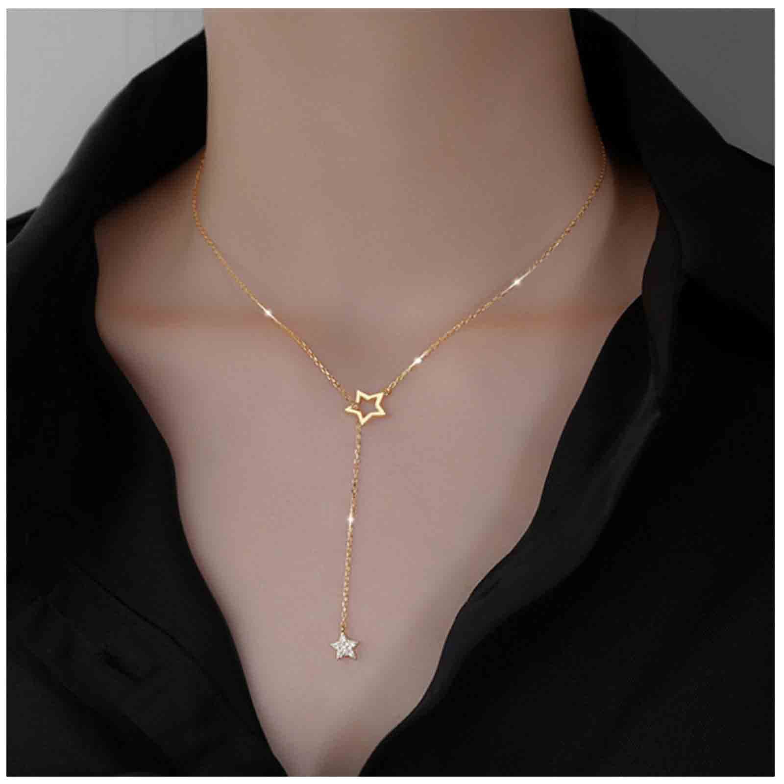 Boho Star Y Lariat Necklace - Gold Crystal Star Drop Pendant Choker, Minimalist Long Chain Jewelry for Women | Perfect for Casual Wear, Date Nights & Boho Fashion