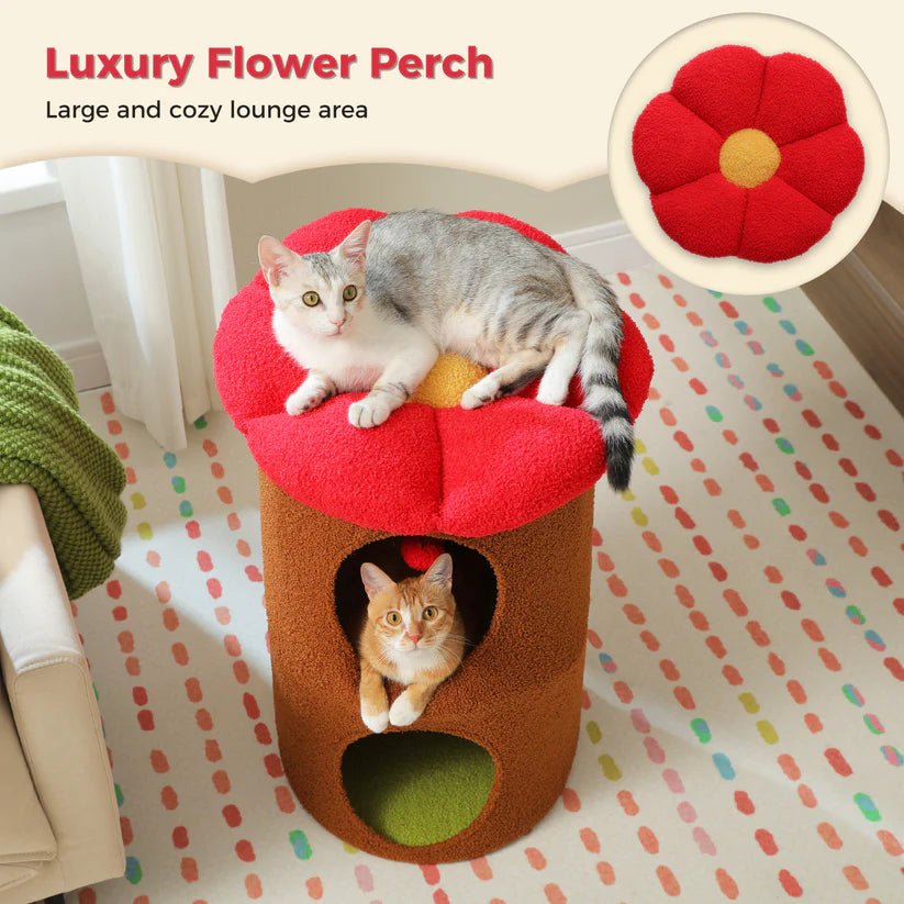 2 Level Wooden Flower Pet House for Cats & Small Dogs - Cozy Brown Hideaway for Indoor Play & Nap