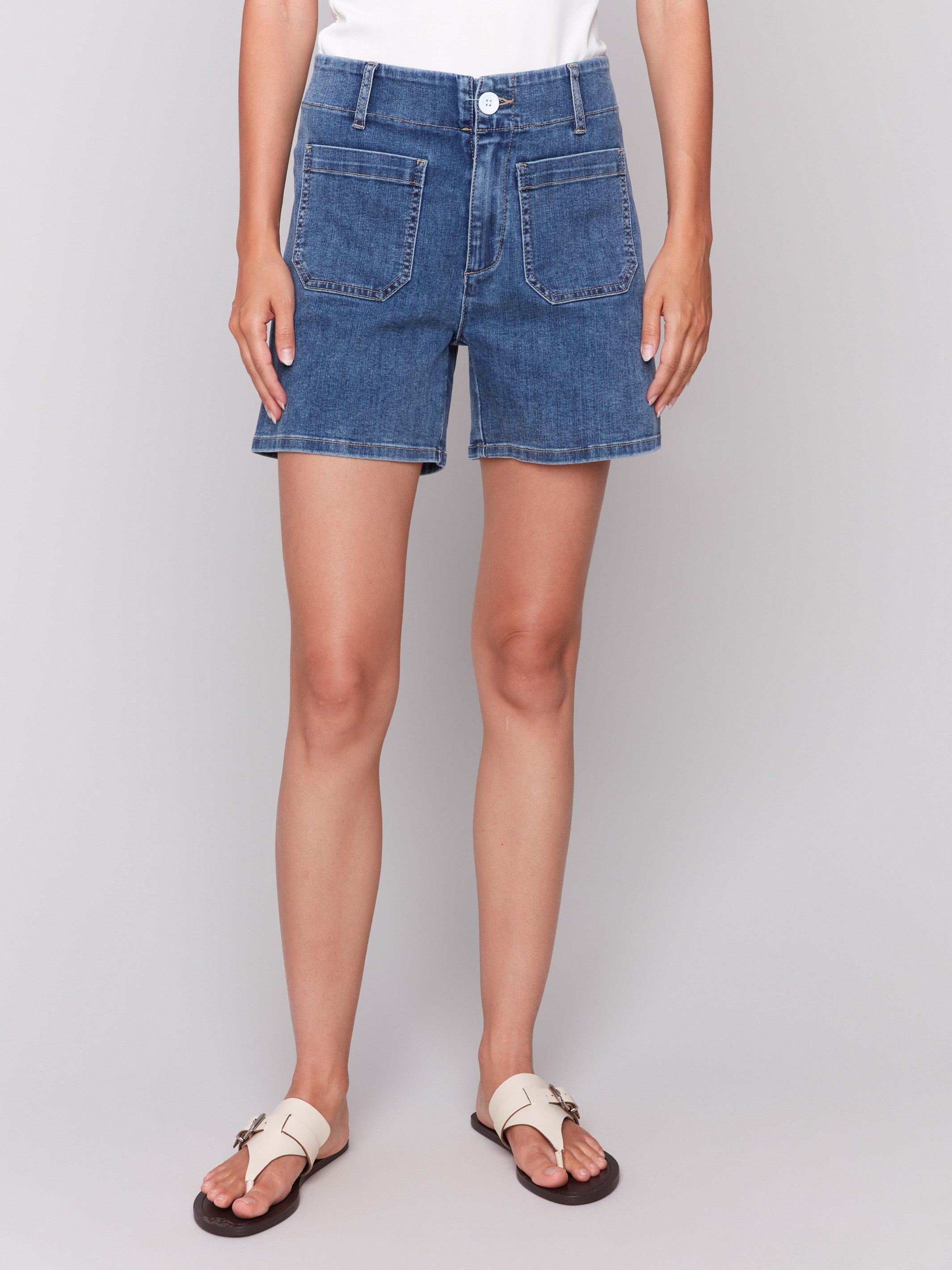 Stylish Medium Blue Denim Shorts with Patch Pockets - Perfect for Summer Outfits & Casual Wear