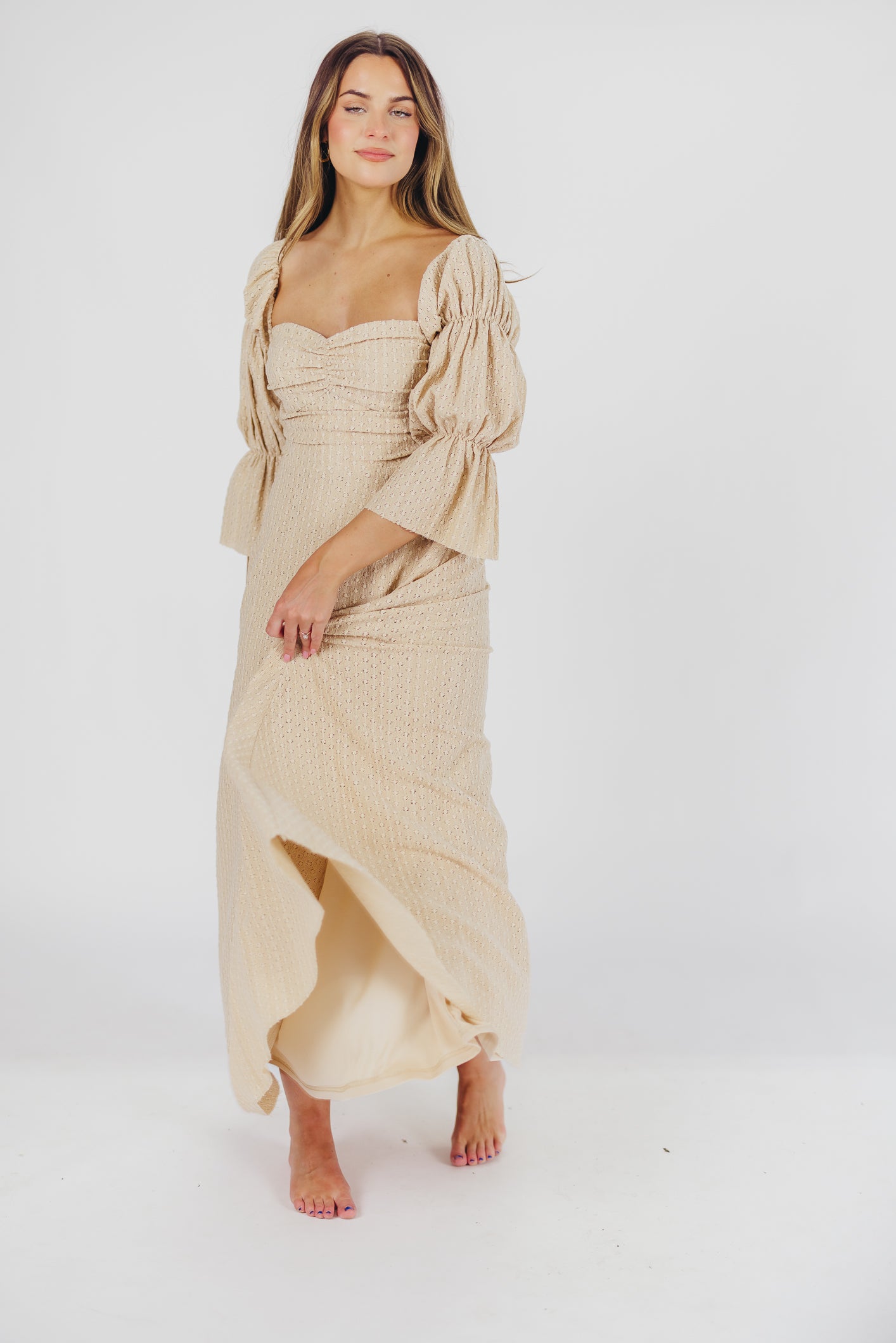 Corrine Tiered Sleeve Maxi Dress with Pockets - Bump Friendly Maternity Dress in Beige | Perfect for Pregnancy, Nursing, and Special Occasions