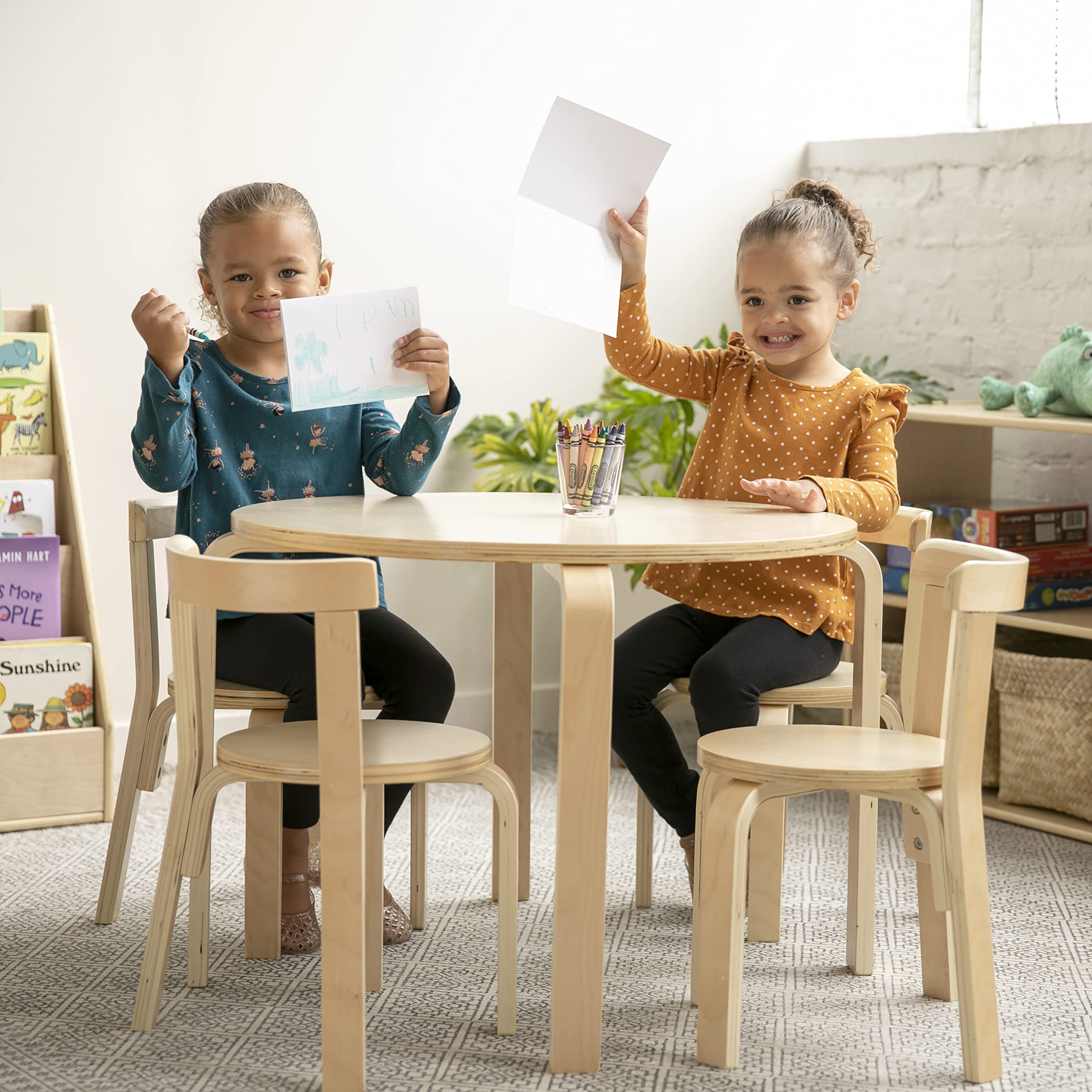 ECR4Kids Natural Bentwood Round Table and Curved Back Chair Set - 5-Piece Kids Furniture for Classroom, Playroom & Homeschool Learning Environment