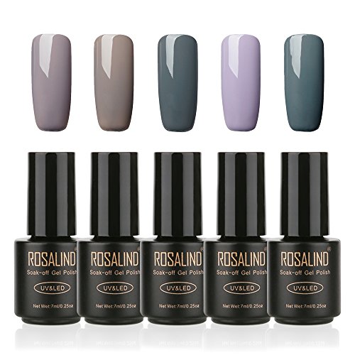 ROSALIND Semi-Permanent Gel Nail Polish Set - 5 Pack UV LED Soak Off Nail Polish for Manicure & Pedicure (7ml, Gray) | Salon Quality, Long-Lasting Wear for Home Nail Art & Professional Use