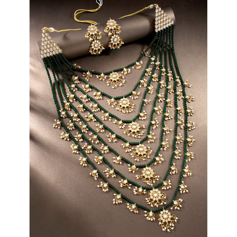 Multi-Layered Pearl & Kundan Necklace Set with Earrings | Indian Traditional Bollywood Jewelry for Women | Perfect for Weddings, Parties & Special Occasions