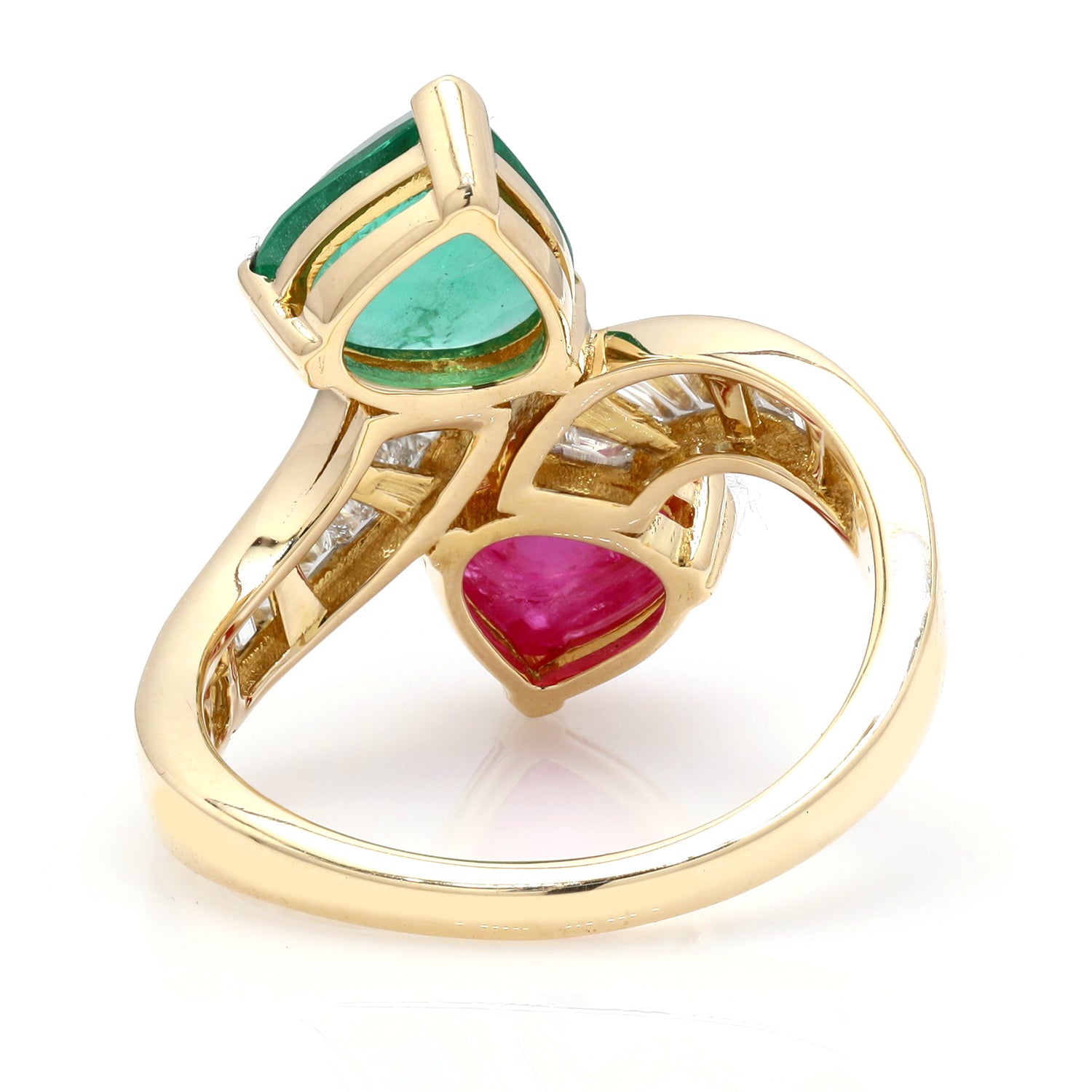 18K Yellow Gold Heart Cut Emerald Ruby Baguette Diamond Bypass Ring - Elegant Vintage Style Jewelry for Engagement, Anniversary & Special Occasions