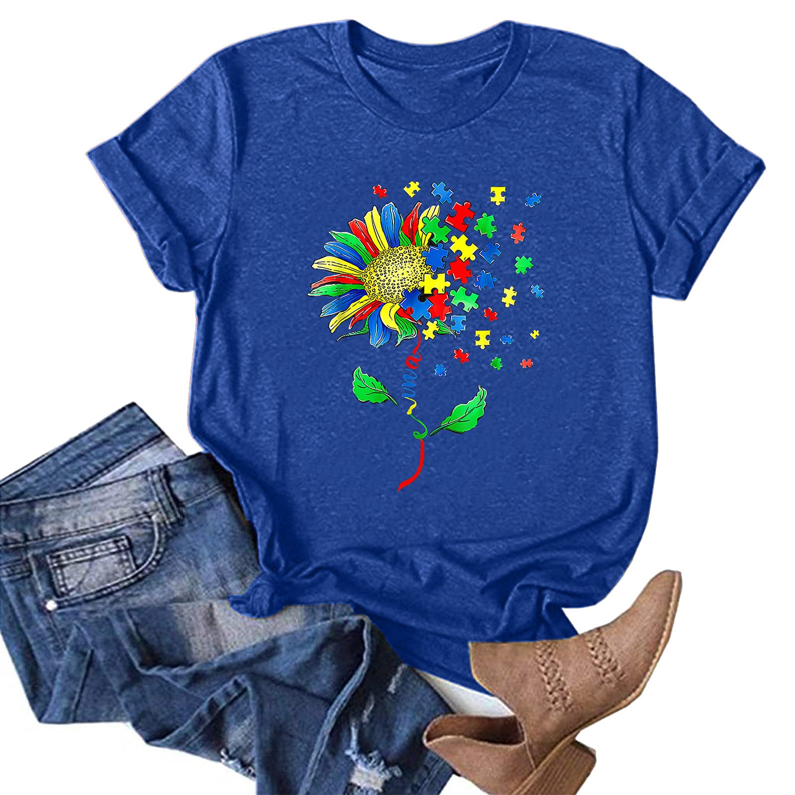 Women's Summer Casual Sunflower Printed Loose Tunic T-Shirts - Funny Graphic Tees & Blouses for Everyday Wear, Beach Outings, and Weekend Relaxation