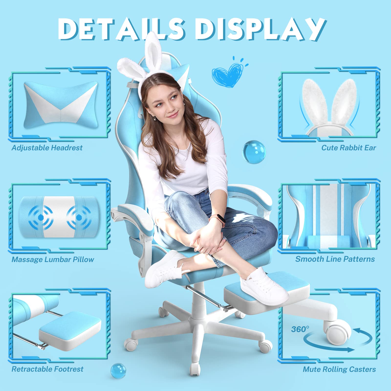 Ferghana Blue Gaming Chair with Bunny Ears - Ergonomic Massage Office & PC Gaming Chair with Footrest for Adults & Teens - Cute Kawaii Computer Game Chair for Girls - Racing Reclining Gamer Chair for Streaming, Esports & Home Office