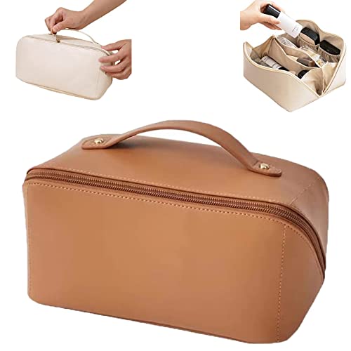 Large Capacity Travel Cosmetic Bag for Women - Waterproof Makeup Organizer with Handle & Dividers - Perfect for Air Travel, Gym & Weekend Getaways (Brown)