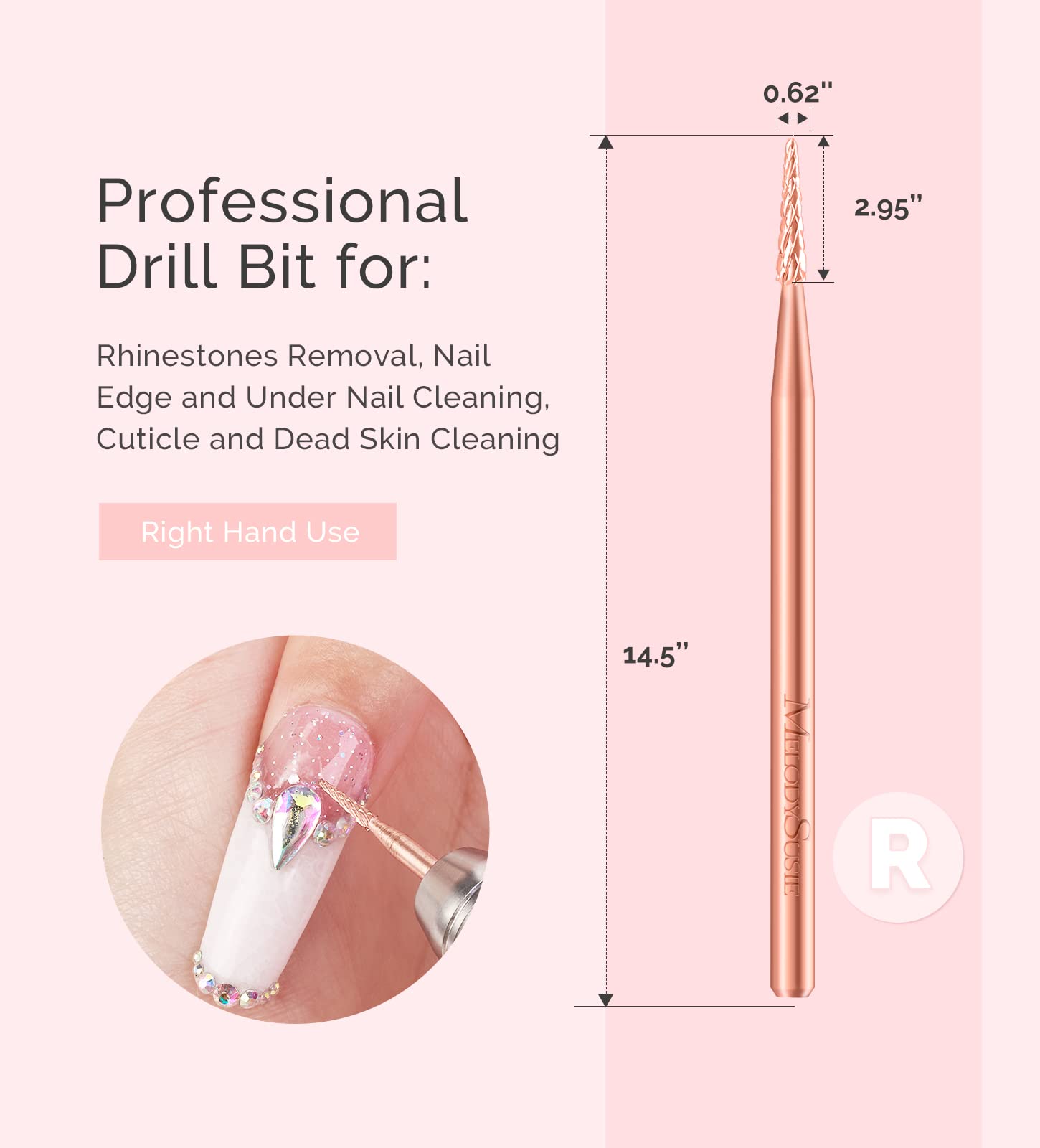 MelodySusie 3/32'' Small Round Tapered Cuticle Cleaner Nail Drill Bit - Professional Safety Carbide Under Nail Cleaner for Dead Skin & Cuticle Removal - Rose Gold Coarse Grit - Perfect for Salon, Home Manicure & Nail Art Supplies