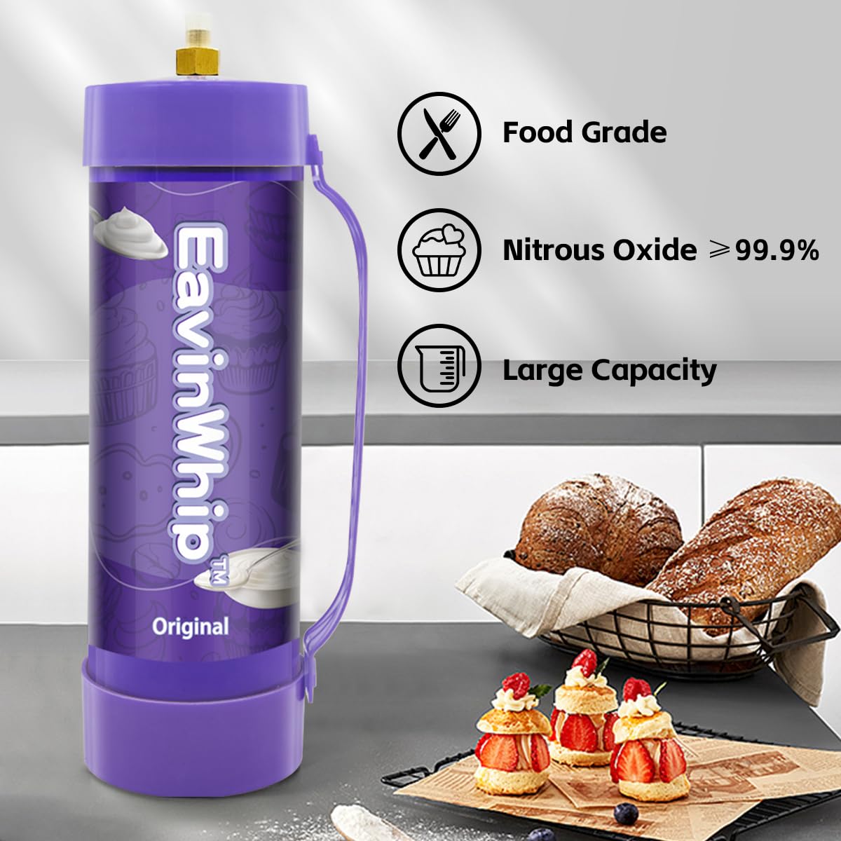Premium 2000g 3.3L Whipped Cream Charger - Food Grade 99.95% Pure Nitrous Oxide (N2O) Tank with Nozzle - 2 Pack for Professional Desserts, Coffee Shops & Home Baking