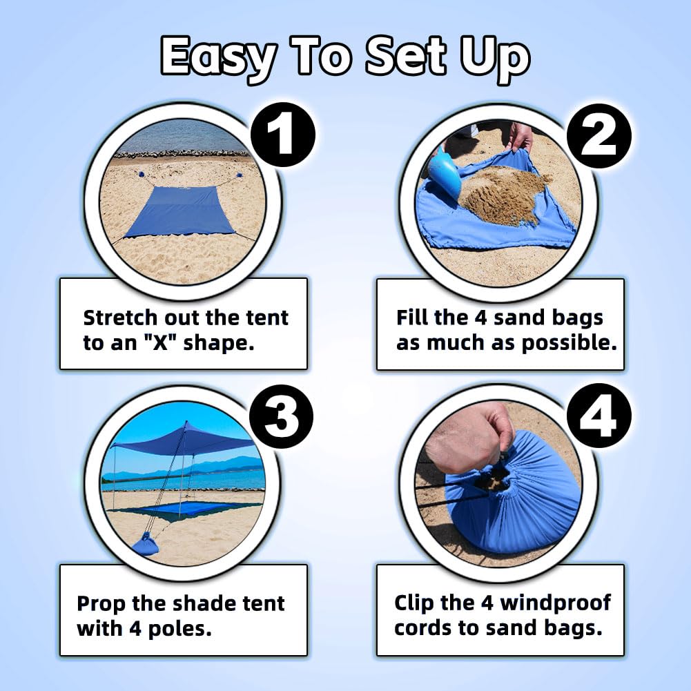 Portable Pop Up Beach Shade Tent - UPF50+ Sun Protection, Windproof & Water Resistant Canopy with Sand Anchors | Easy Setup Family Beach Shelter for Sunbathing, Picnics & Outdoor Adventures