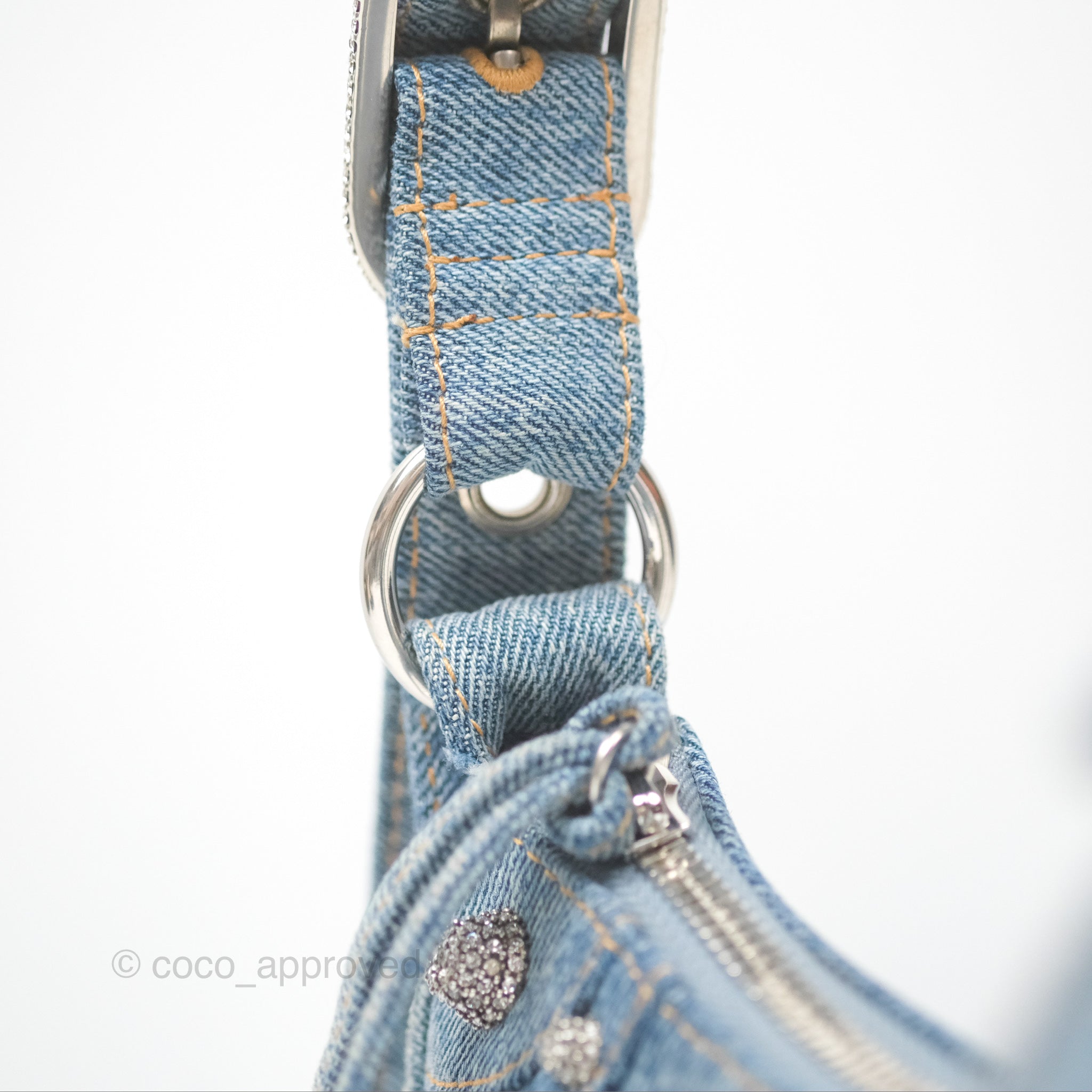 Balenciaga Small Le Cagole Shoulder Bag in Blue Washed Denim with Rhinestones - Perfect for Casual Outings, Parties & Fashion Events