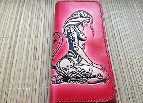 Handmade 3D Carved Genuine Leather Women's Wallet - Long Bifold Travel Wallet with Hand-Painted Design for Motorcycle Riders & Daily Use | Perfect Gift for Her, Business, and Special Occasions