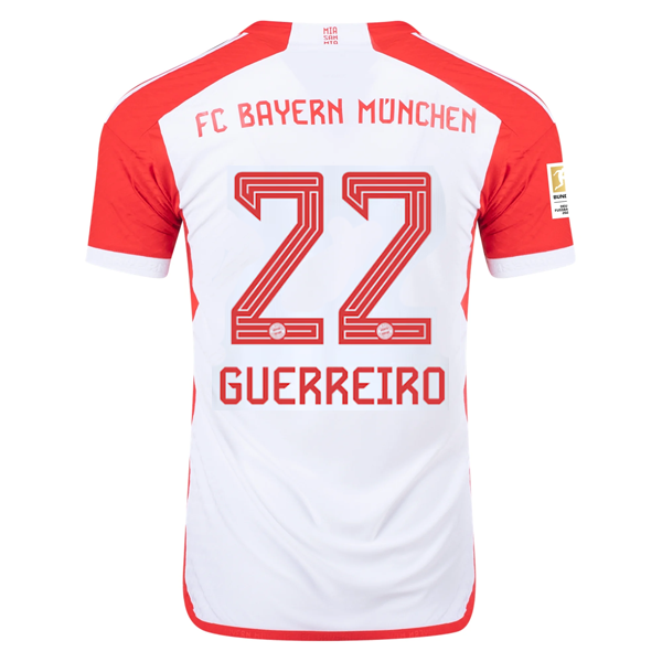 Adidas Bayern Munich Authentic Raphael Guerreiro Home Jersey 23/24 with Bundesliga Champions Patch - White/Red Soccer Shirt for Fans & Match Day Wear