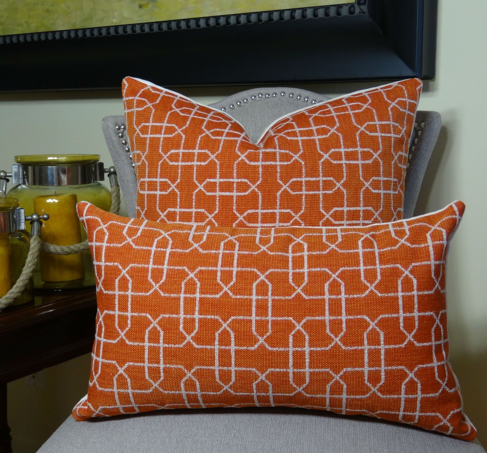 Modern Orange Cream Geometric Trellis Throw Pillow - Handmade in USA - Perfect for Living Room Sofa, Bedroom Decor & Home Accents