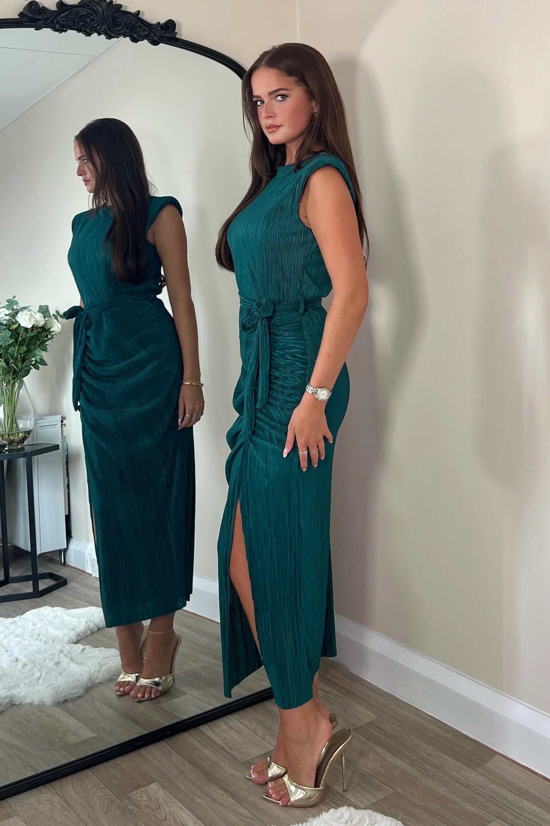 Elena Ruched Seamed Midi Dress in Teal - Elegant Bodycon Party Dress for Women, Perfect for Cocktail Parties, Date Nights & Special Occasions