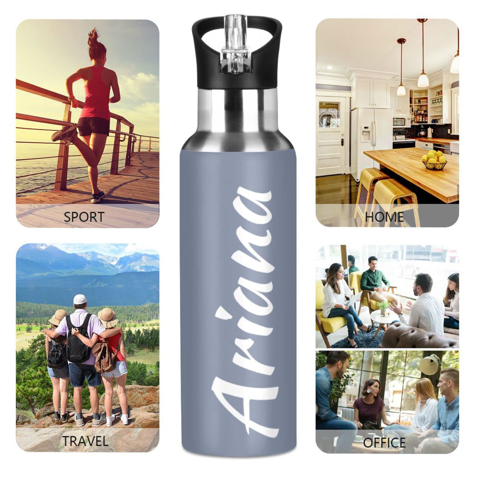 Custom 20oz Insulated Sports Water Bottle with Straw Lid - Personalized Blue Grey Vacuum Flask for Men, Women & Kids - Perfect for Gym, Hiking, School & Office Hydration