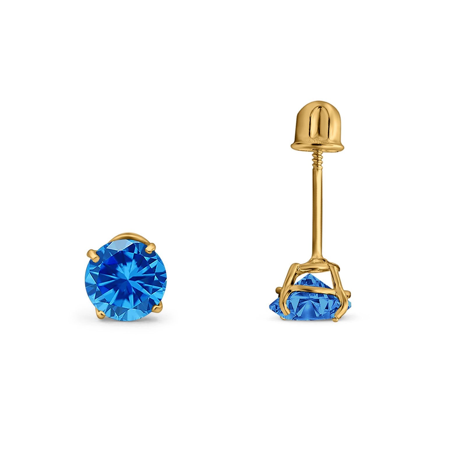 14K Yellow Gold Round Solitaire Stud Earrings with Screw Back - Simulated Blue Topaz Cubic Zirconia Gemstone Jewelry for Women | Perfect for Weddings, Anniversaries & Everyday Elegance