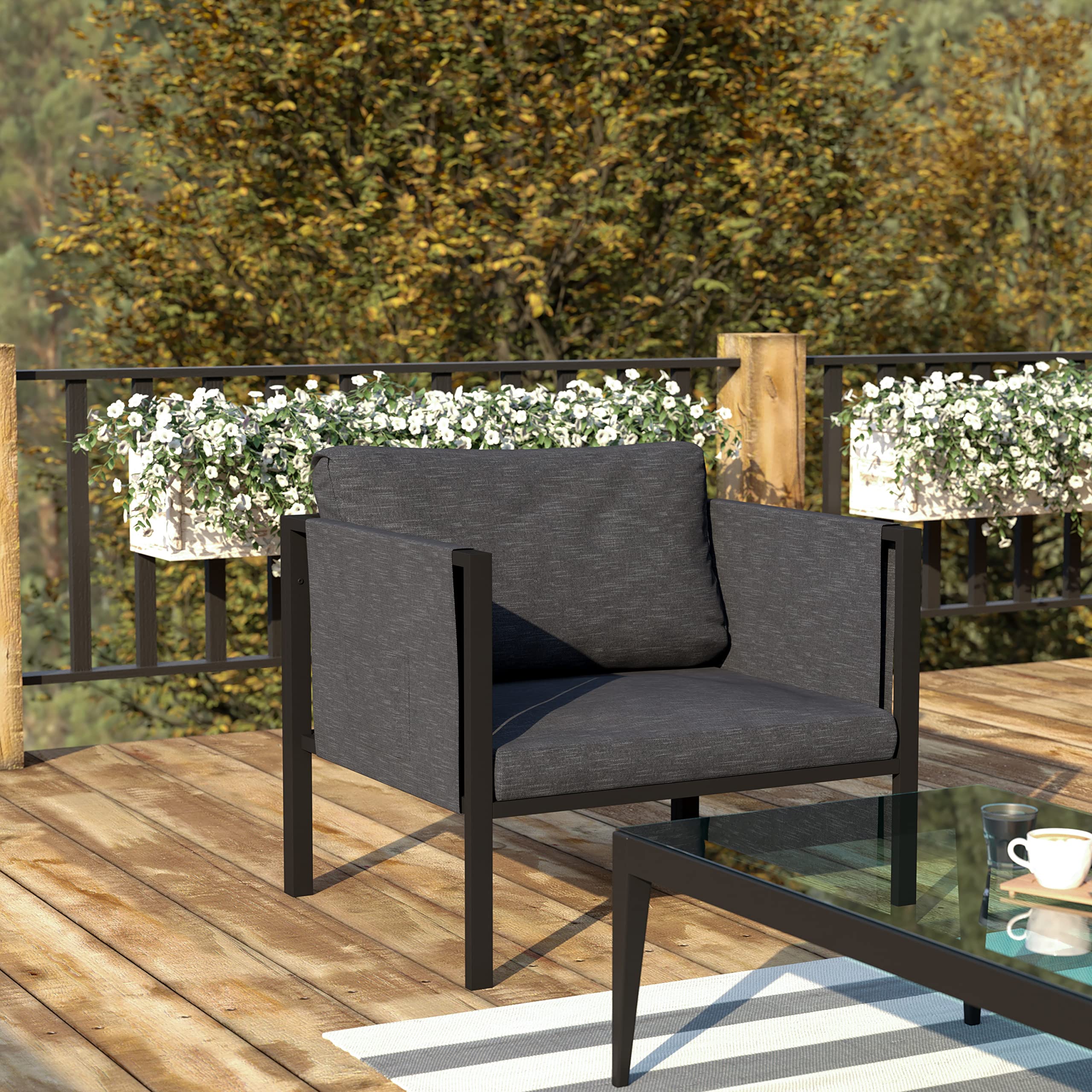 Modern Patio Chair with Cushions - Contemporary Black Frame & Charcoal Cushions - Storage Pockets - Zippered Removable Covers - Outdoor Lounge, Garden, Poolside, Deck Furniture for Relaxing